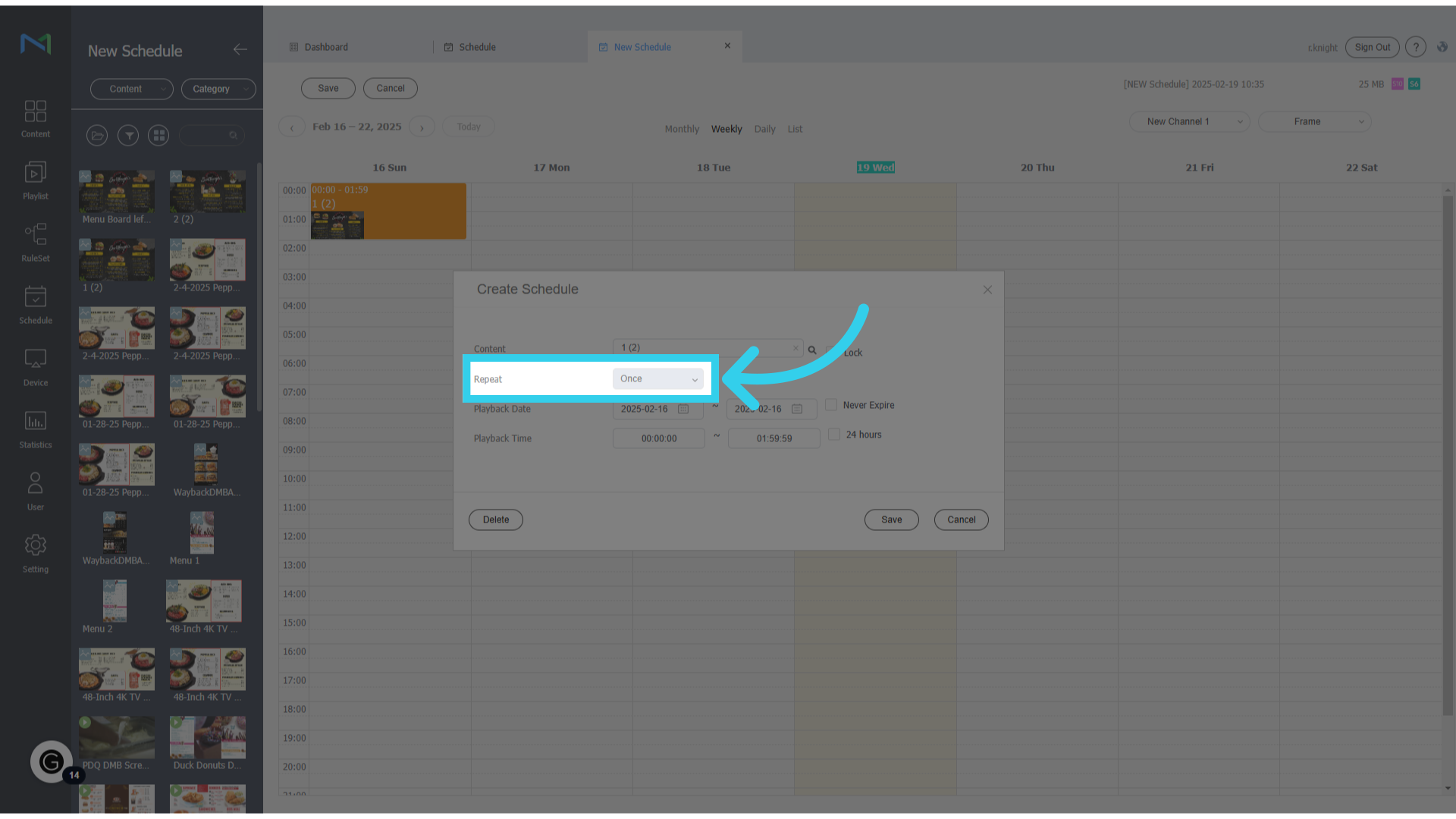 Once you've added the content or playlist to the calendar, you can configure how often (daily, weekly, etc.) the content will repeat