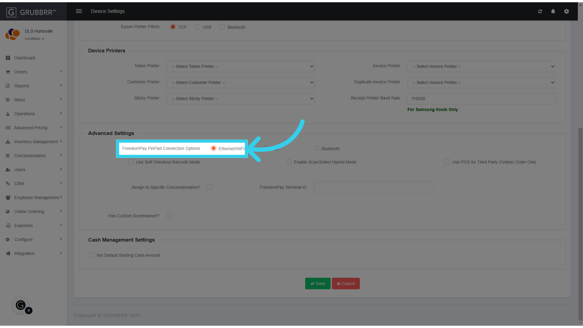 Make sure that FreedomPay Pinpad connection options are set to 'Ethernet/Wifi'
