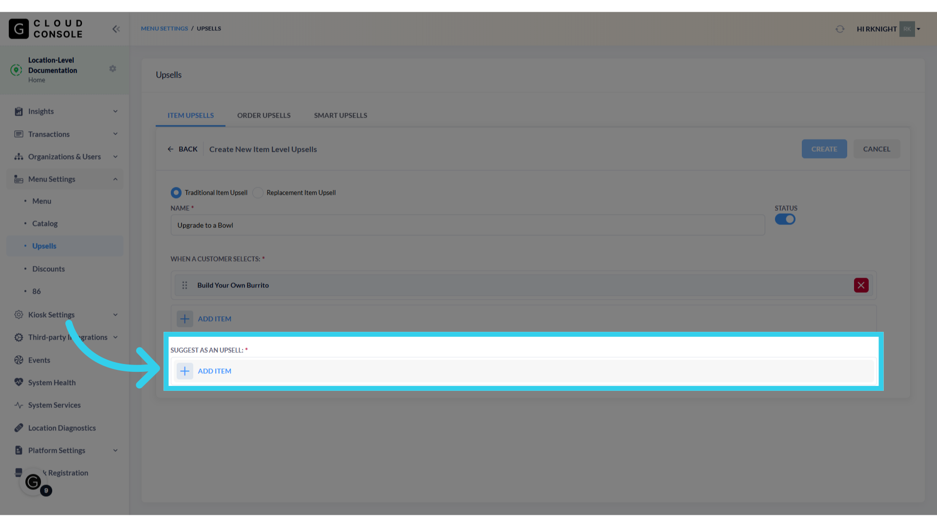 Use the second search bar to find the desired upsell item