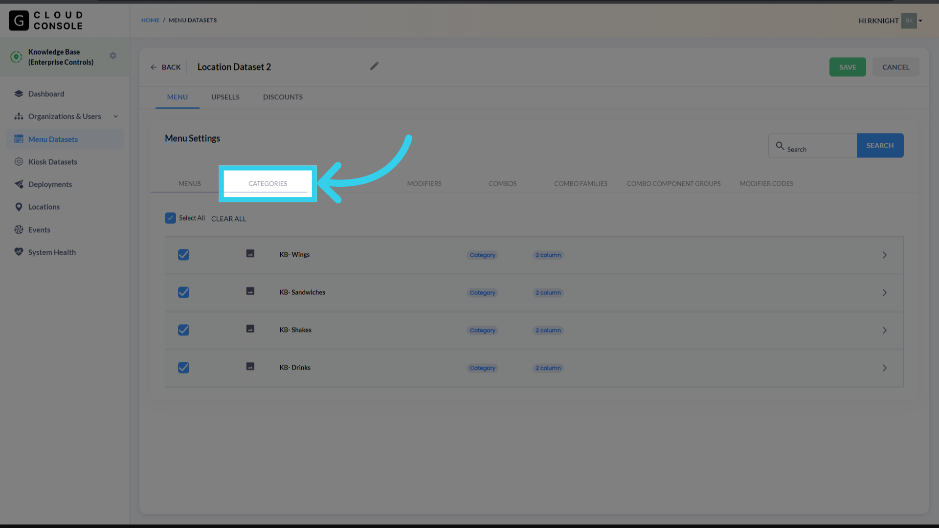 Or you can select individual categories, items, etc.