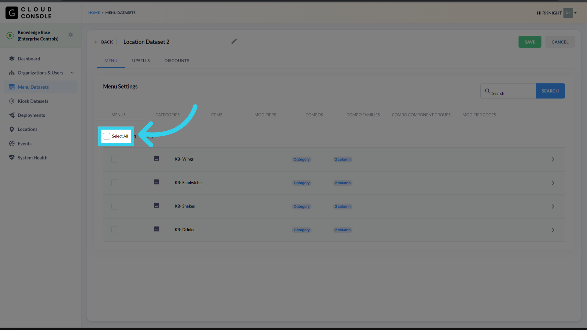 From this menu, you can use 'Select All' to add the entire menu to the dataset...
