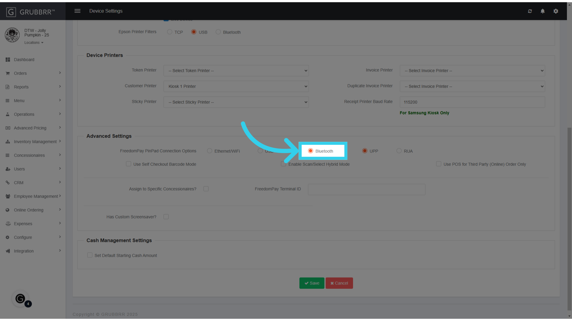 Make sure that 'Bluetooth' is enabled in the FreedomPay Pinpad Connection Options section