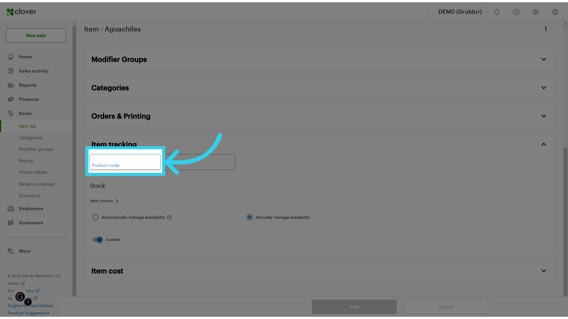 Find or enter the twelve digit UPC code for the item into the 'Product Code' field
