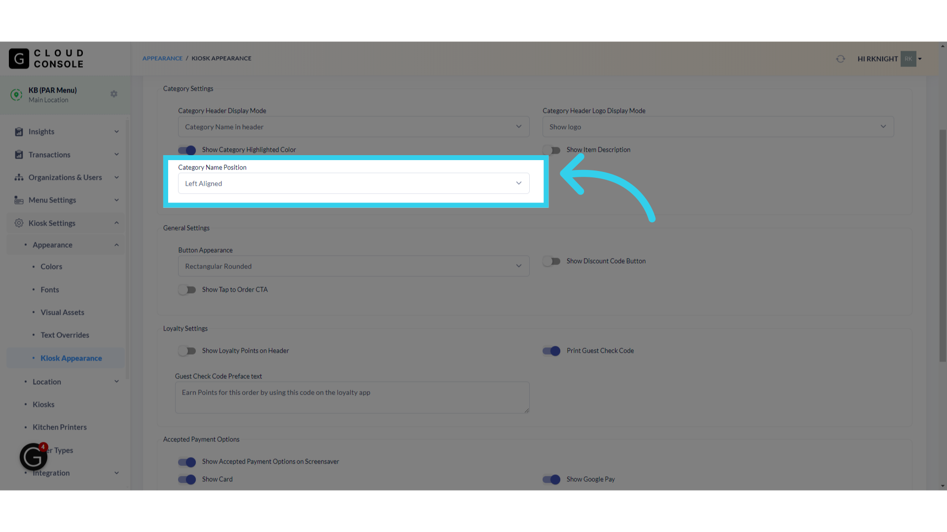 Finally, we can choose whether the category name is left- or center-aligned on the Kiosk menu