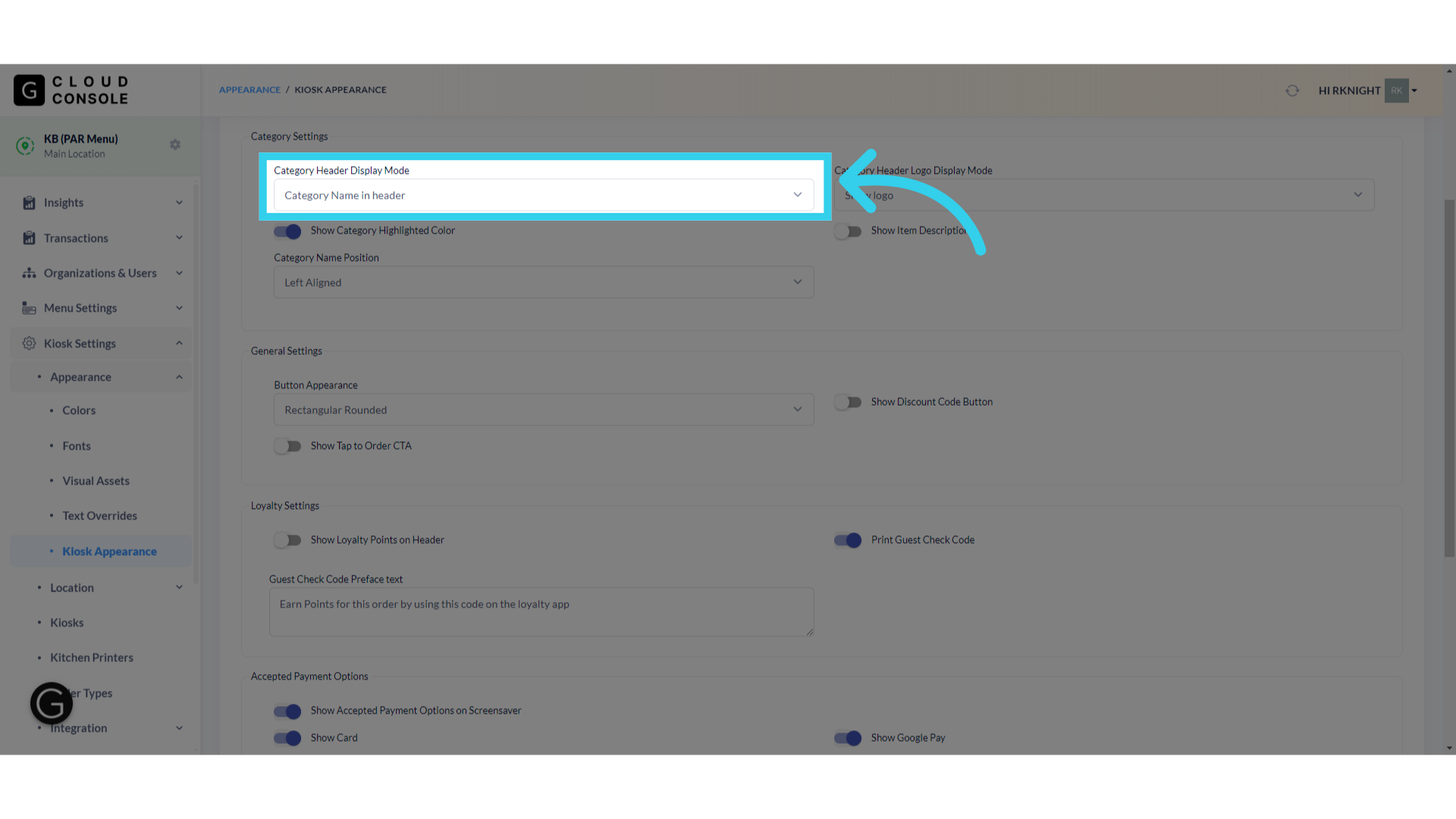 'Category Header Display Mode' controls whether the Category name displays in or under the header of the page