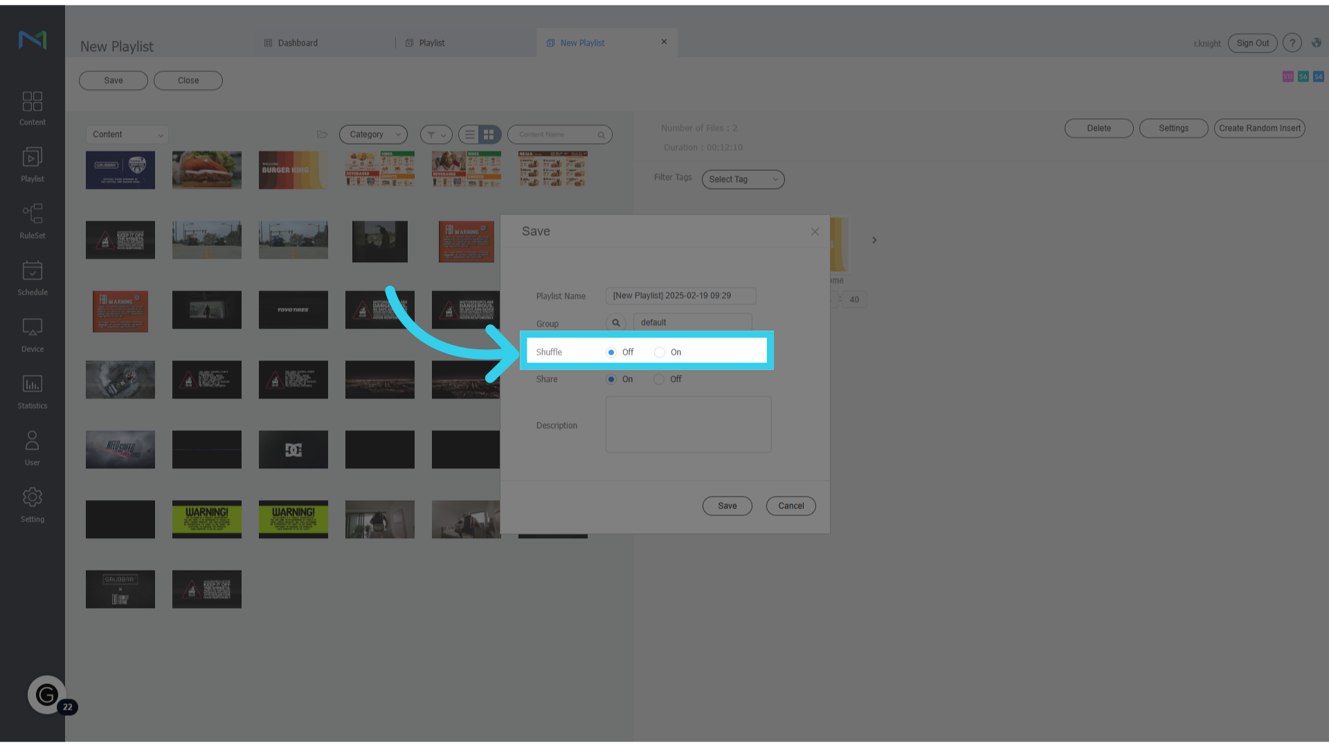 If you enable 'Shuffle,' the playlist will randomize the display order of all content