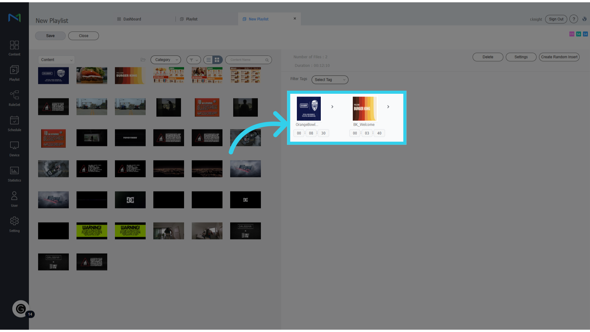 You can use the Preview Window to change the display order and display time of content in the playlist