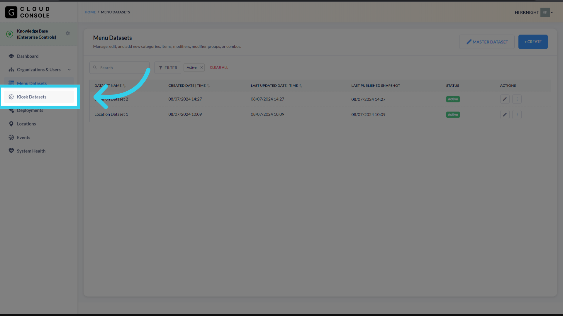 Click 'Kiosk Datasets'