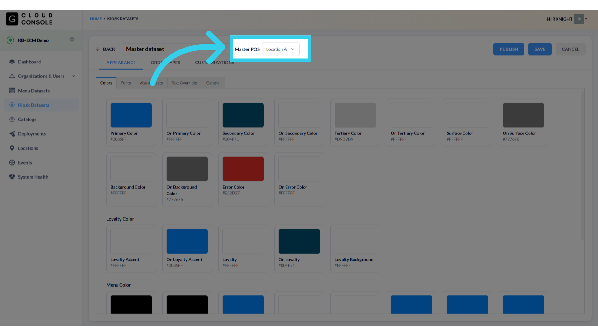 Select which synced POS will serve as the 'Master' for Kiosk settings and order types