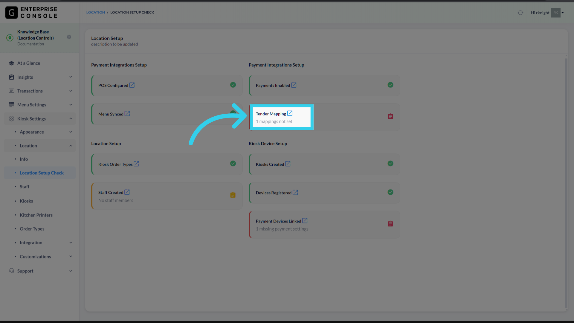 'Tender Mapping' tracks whether or not Default Tenders have been assigned to each payment method