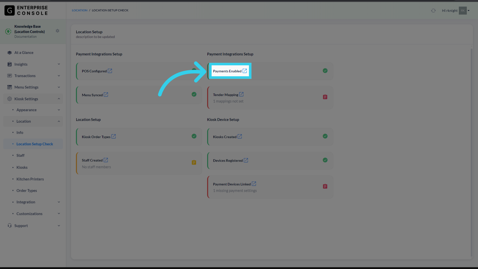 'Payments Enabled' tracks whether or not we've linked the Console with the client's Payment Device(s)