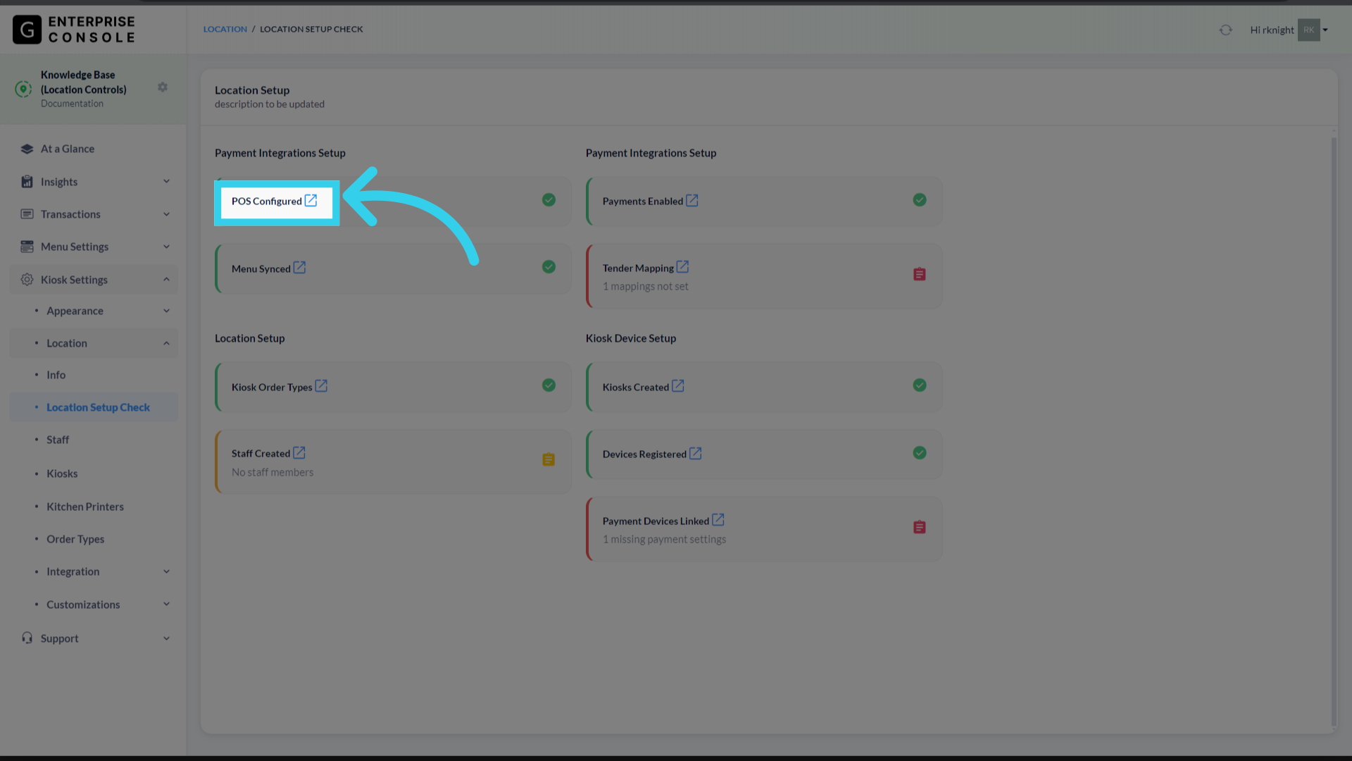 'POS Configured' tracks whether or not the Location has been connected to the client's POS