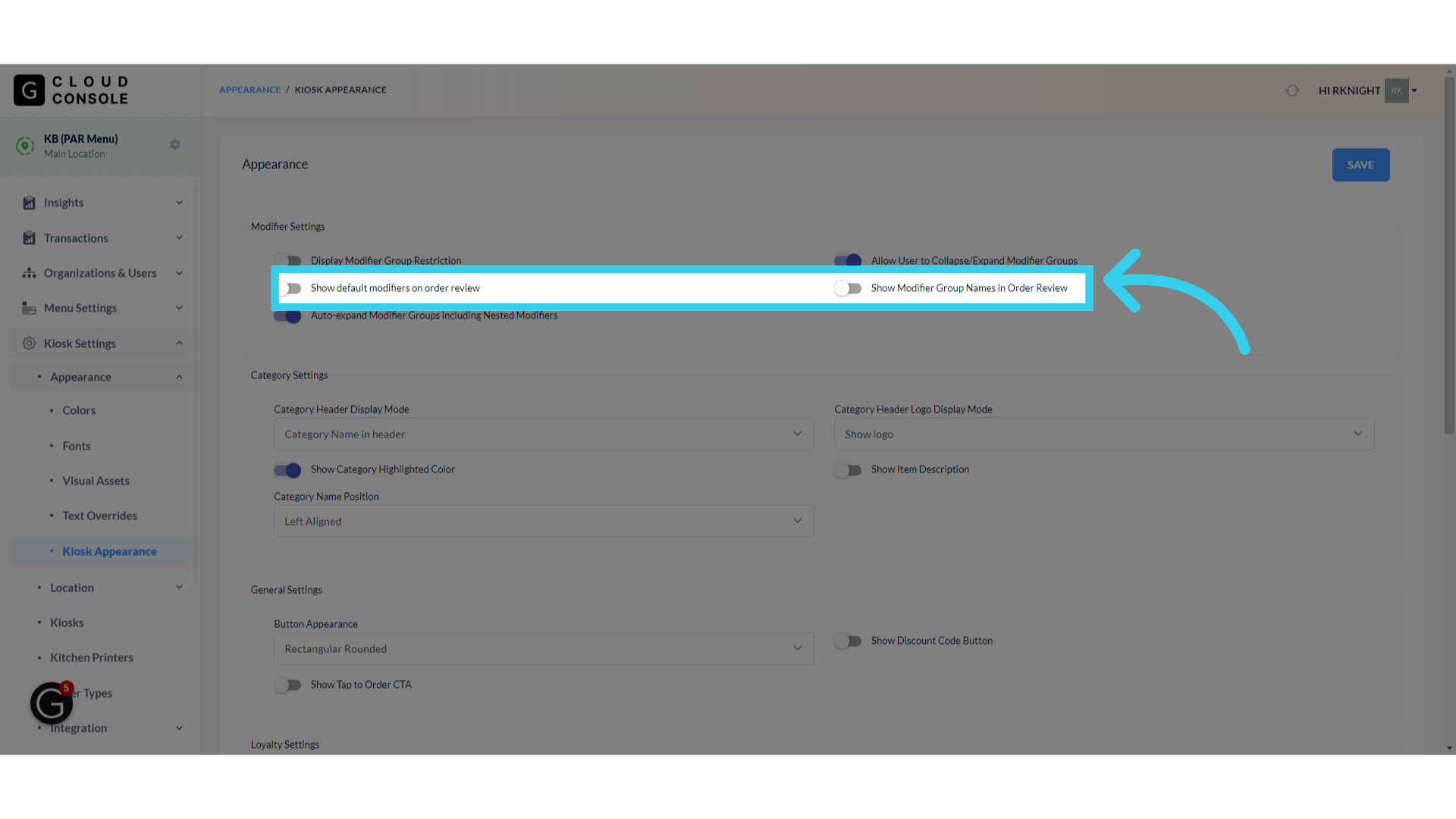 'Show Default Modifiers' and 'Show Modifier Group Names' both add additional information to the 'Details' dropdown on the order confirmation screen