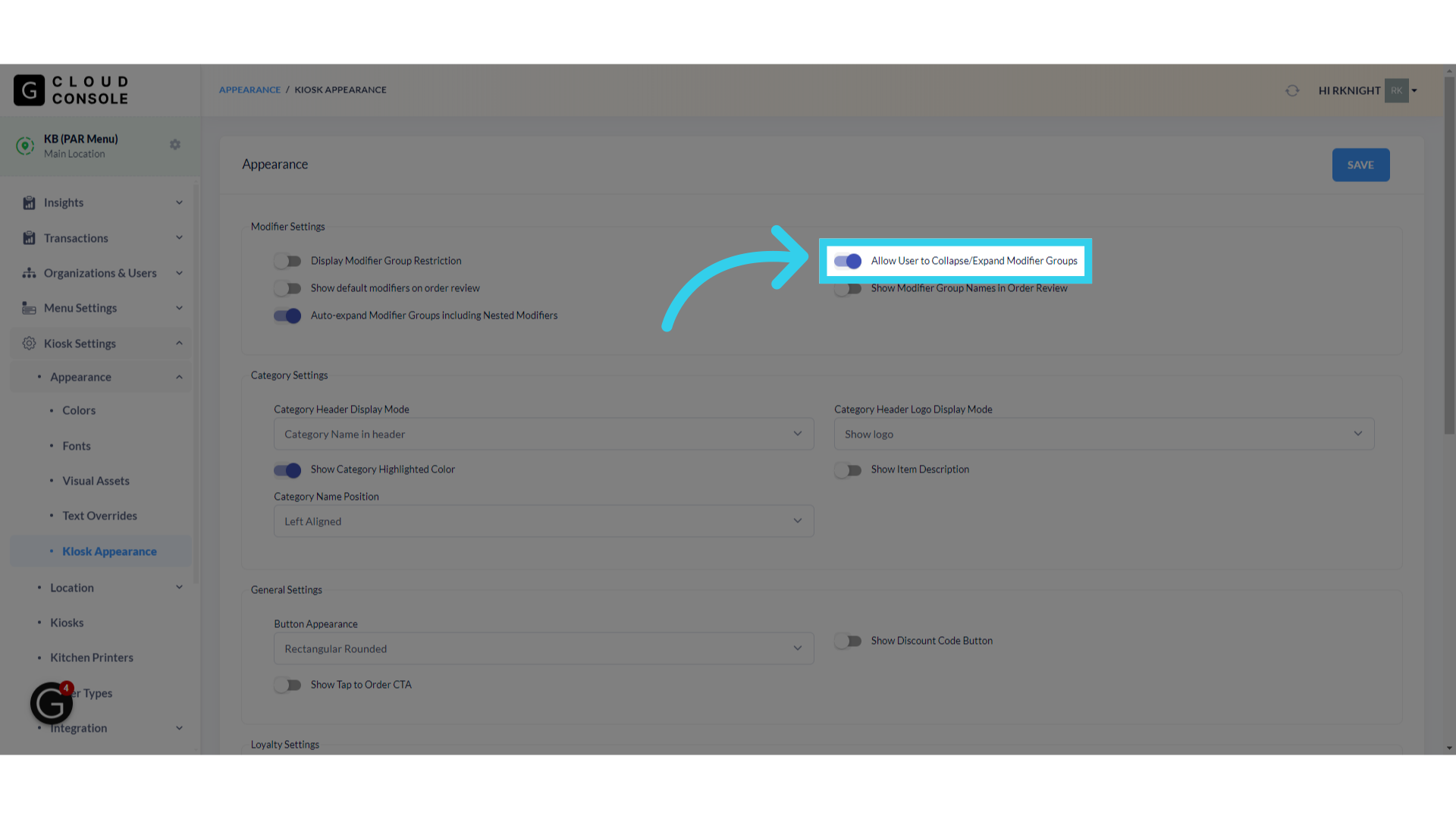 'Allow User to Collapse/Expand Modifier Groups' changes Accordion Mode to have collapsible modifier groups, and adds a UI element that alerts guests when they are ready to move on to the next modifier group