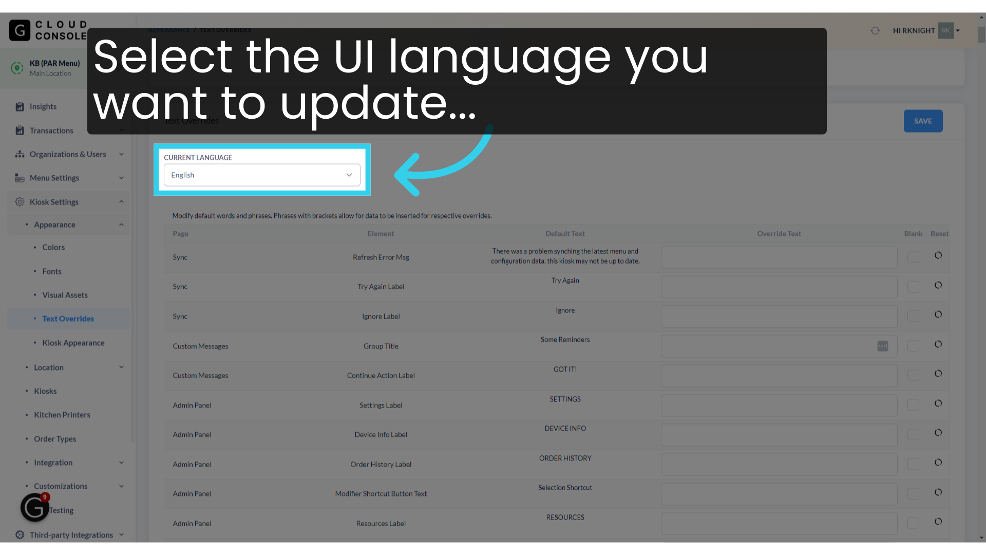 Select the UI language you want to update...
