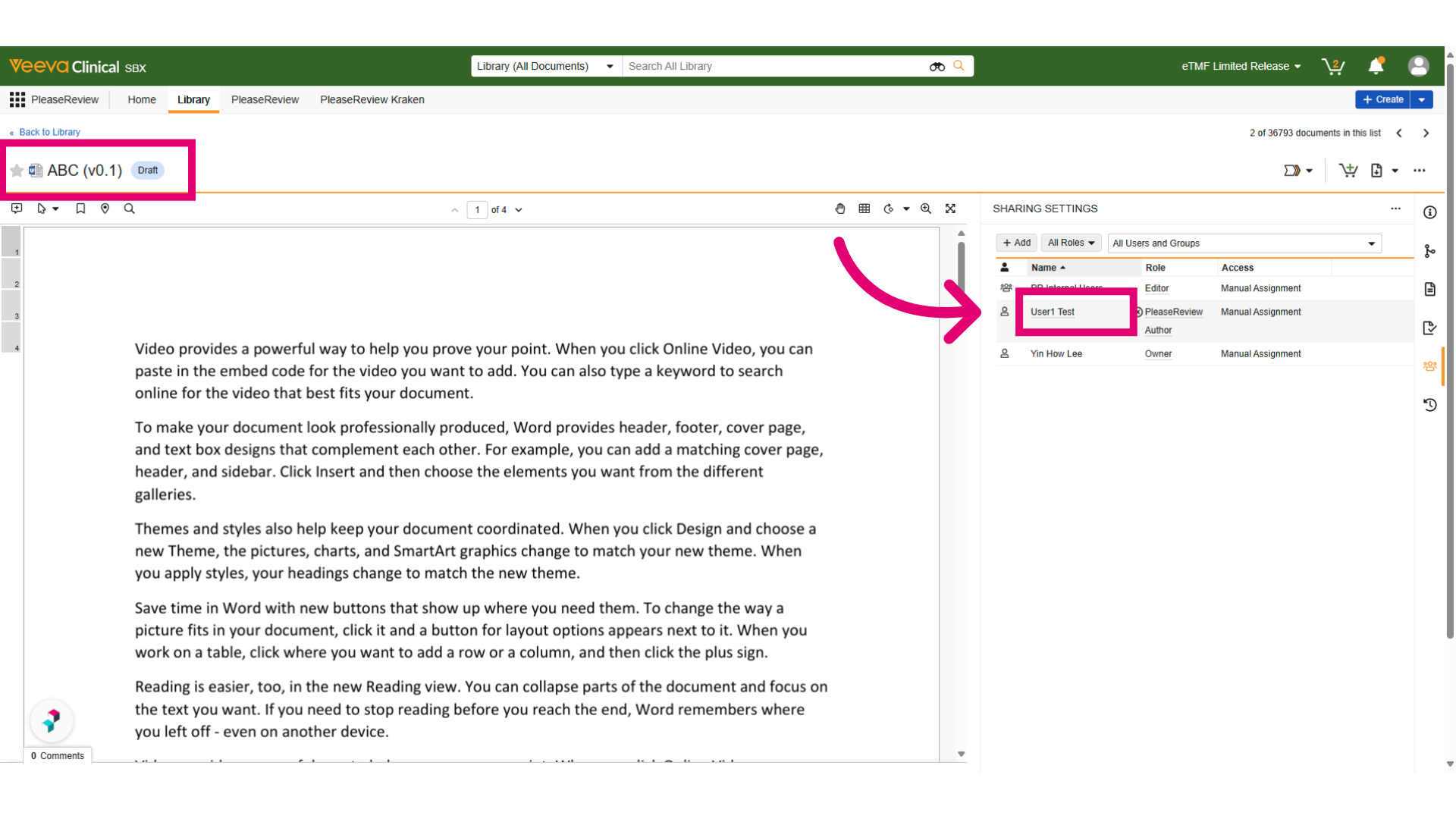 testuser1 is added into the document sharing settings