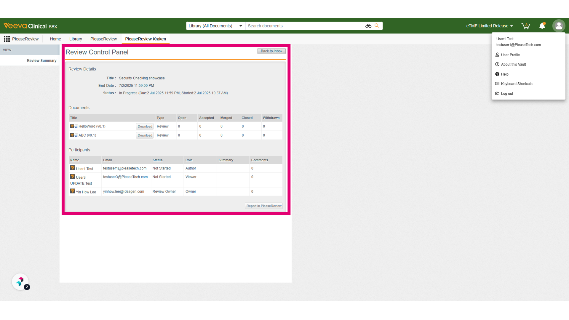 Review control panel