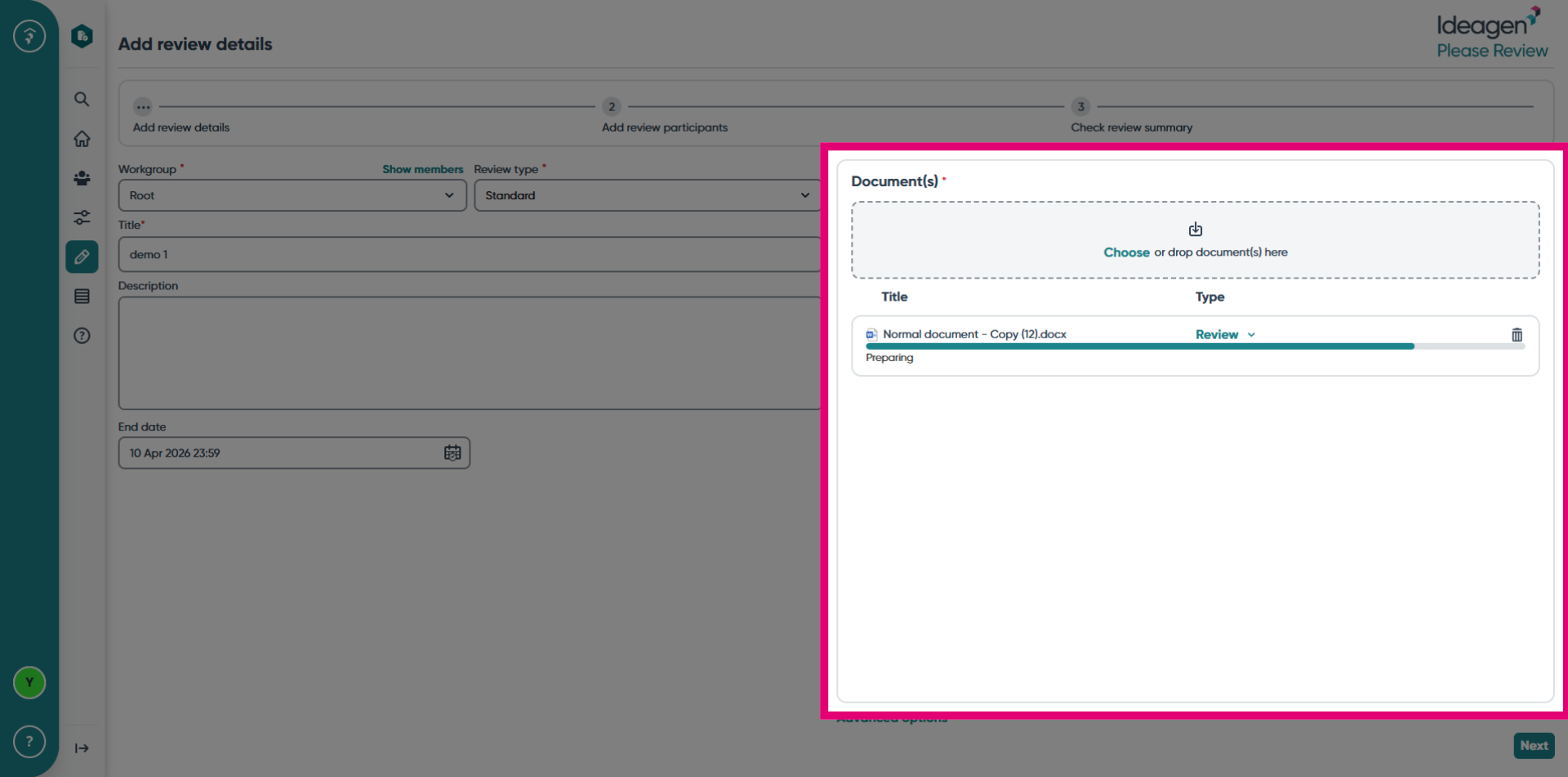 Confirm Document Selection