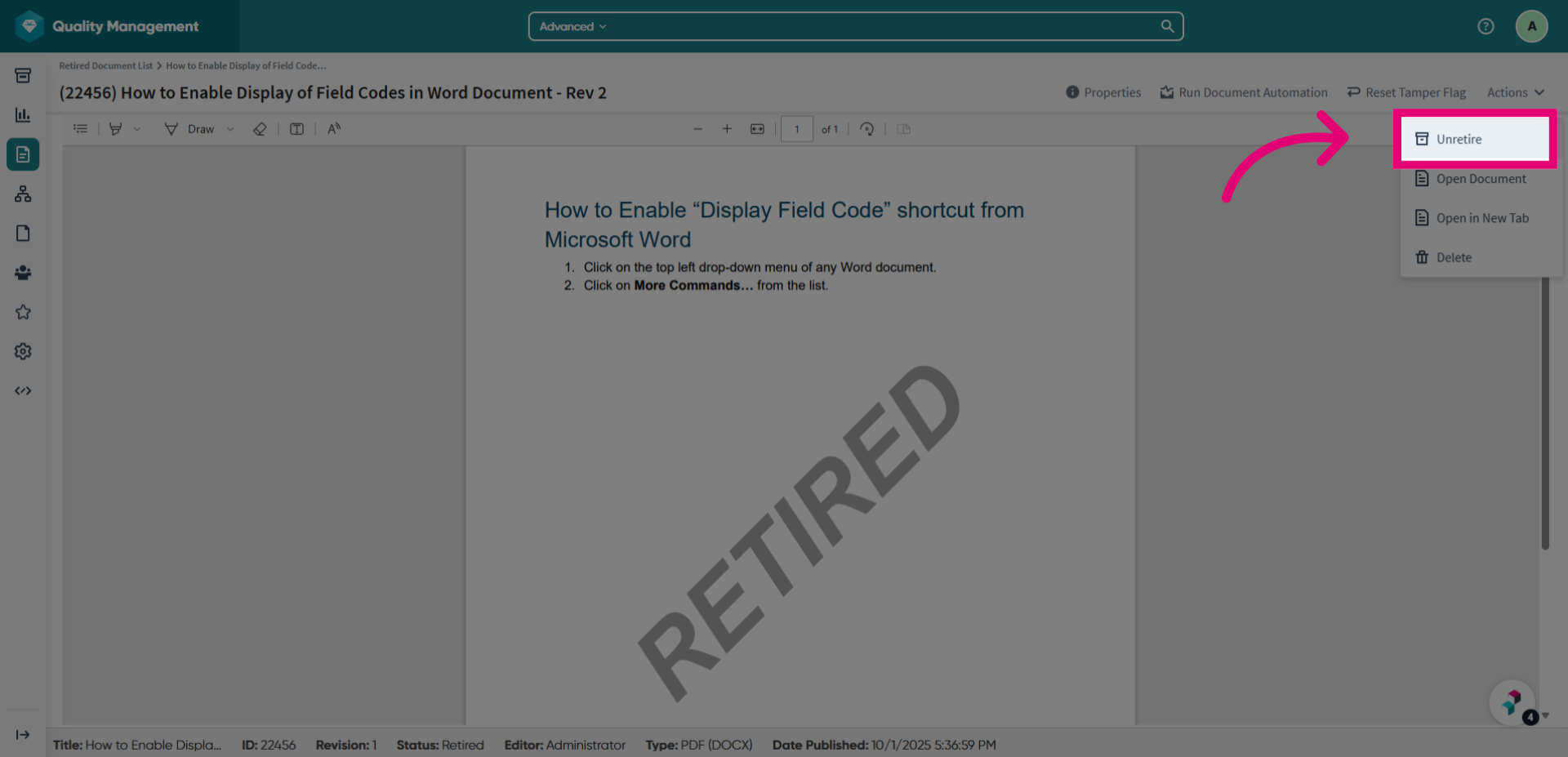 Click 'Unretire'