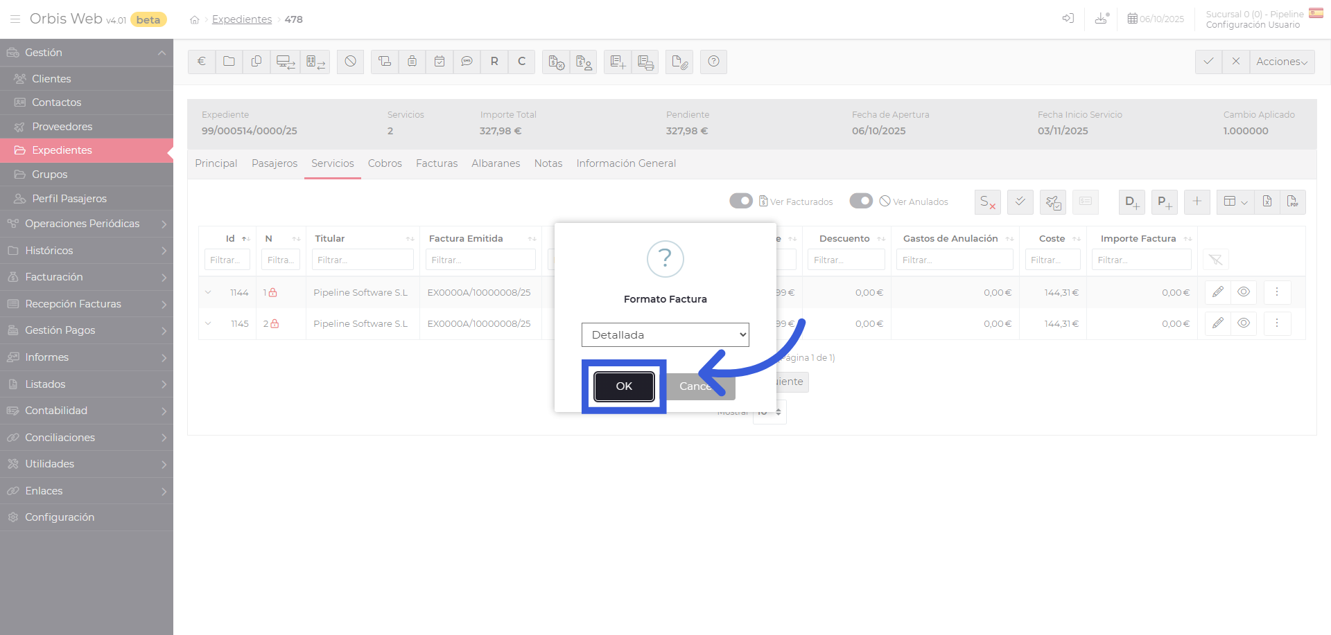 Elegir en el formato que queremos ver la factura