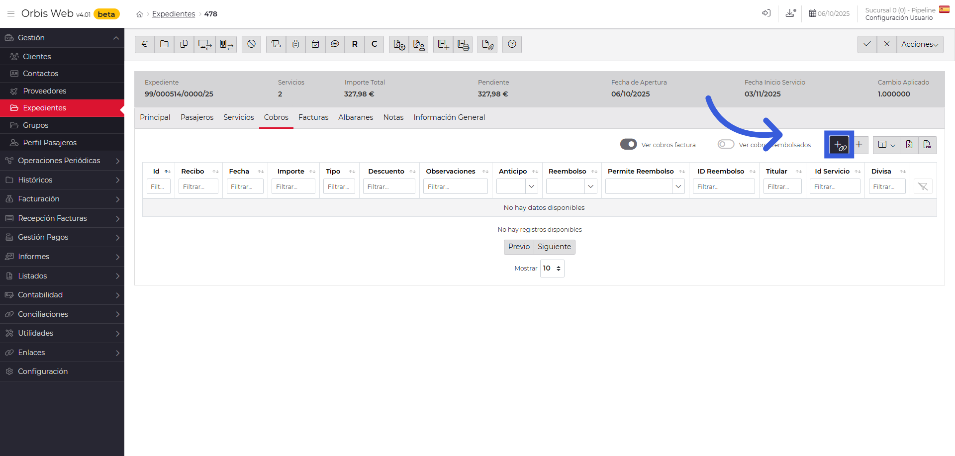 Abrir opciones de cobro