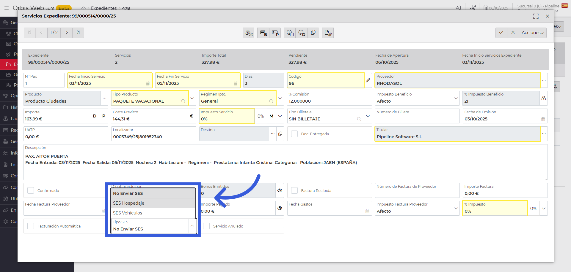 Seleccionar opción SES Hospedaje