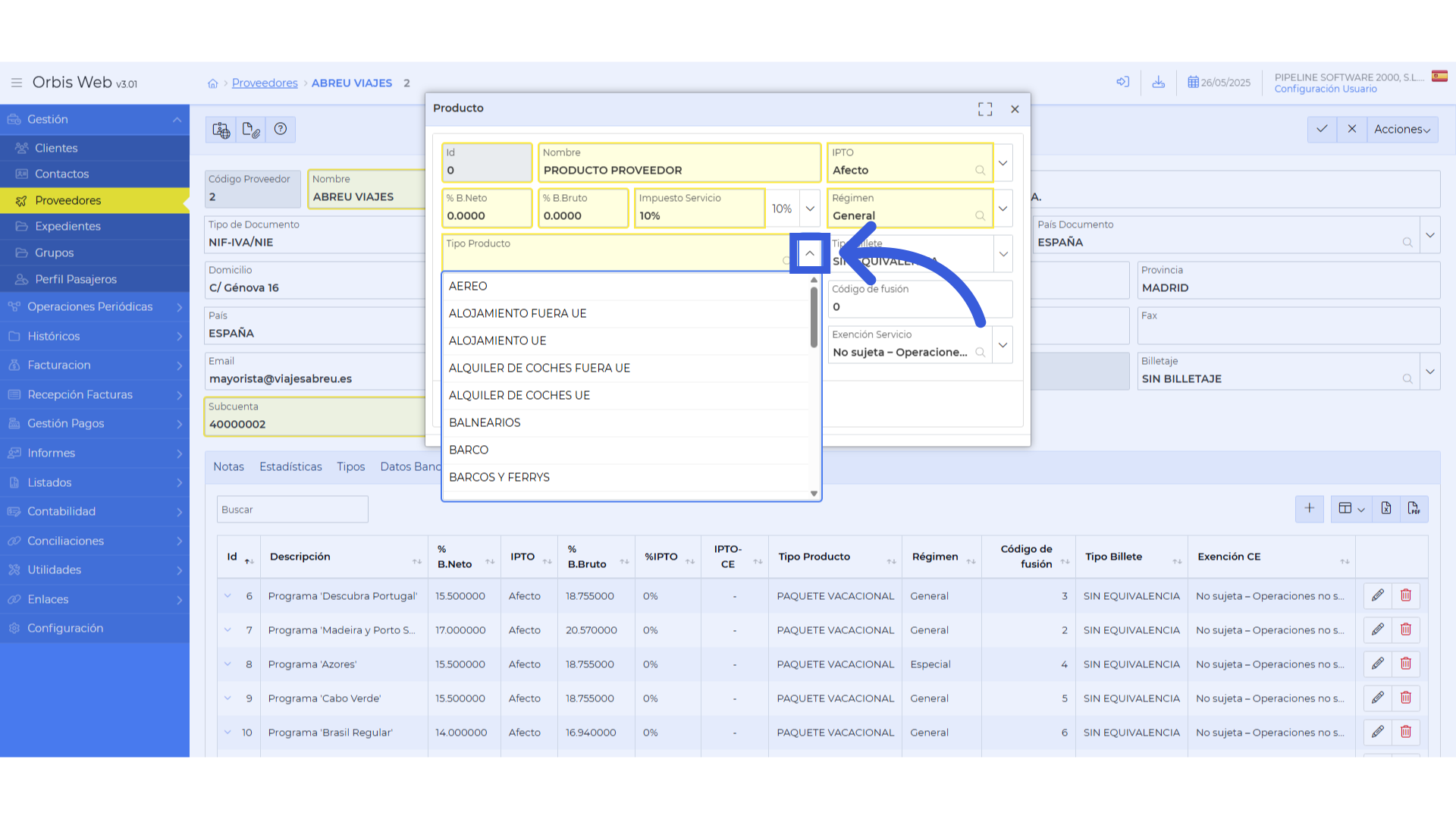 Configurar tipo producto