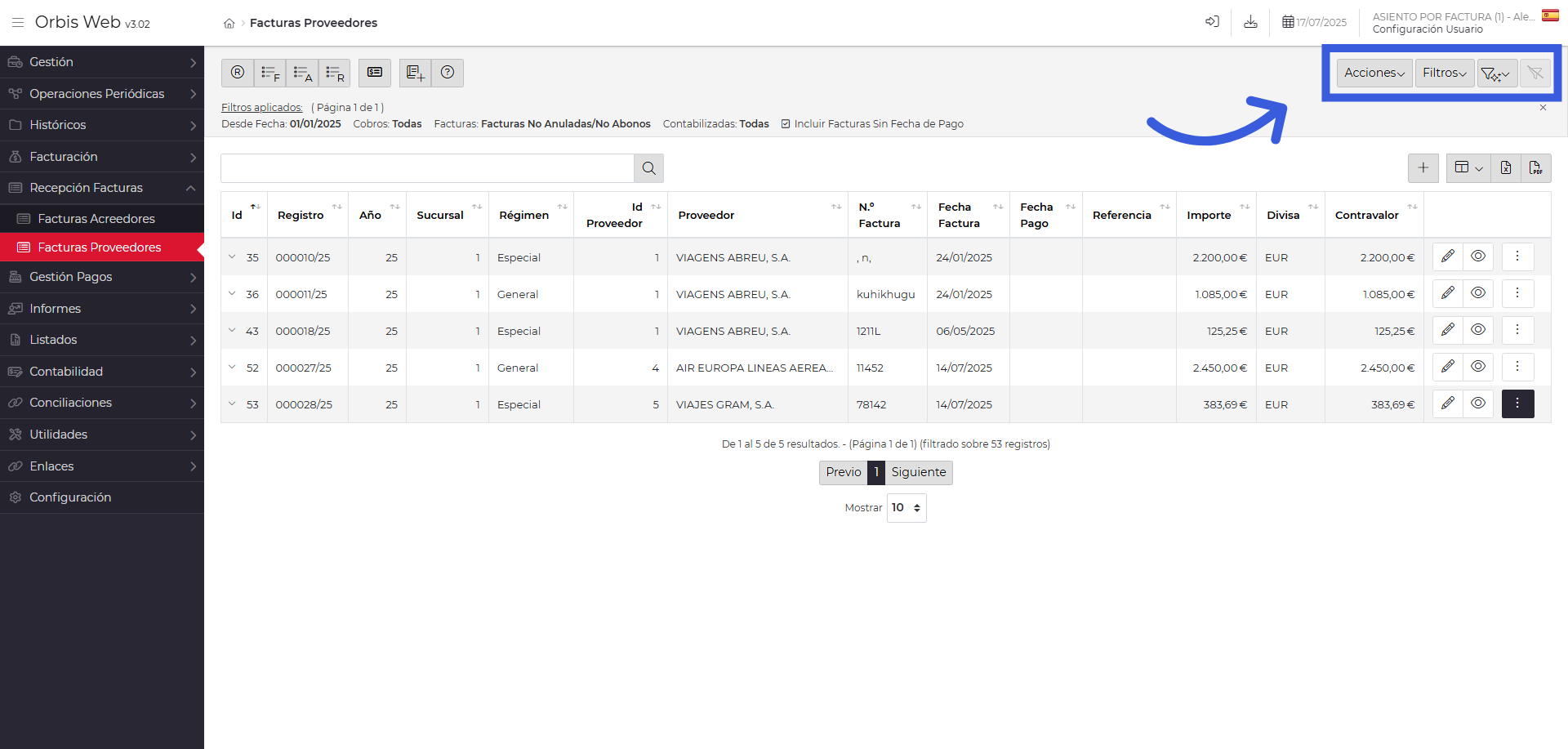 Filtrar Facturas de Proveedores