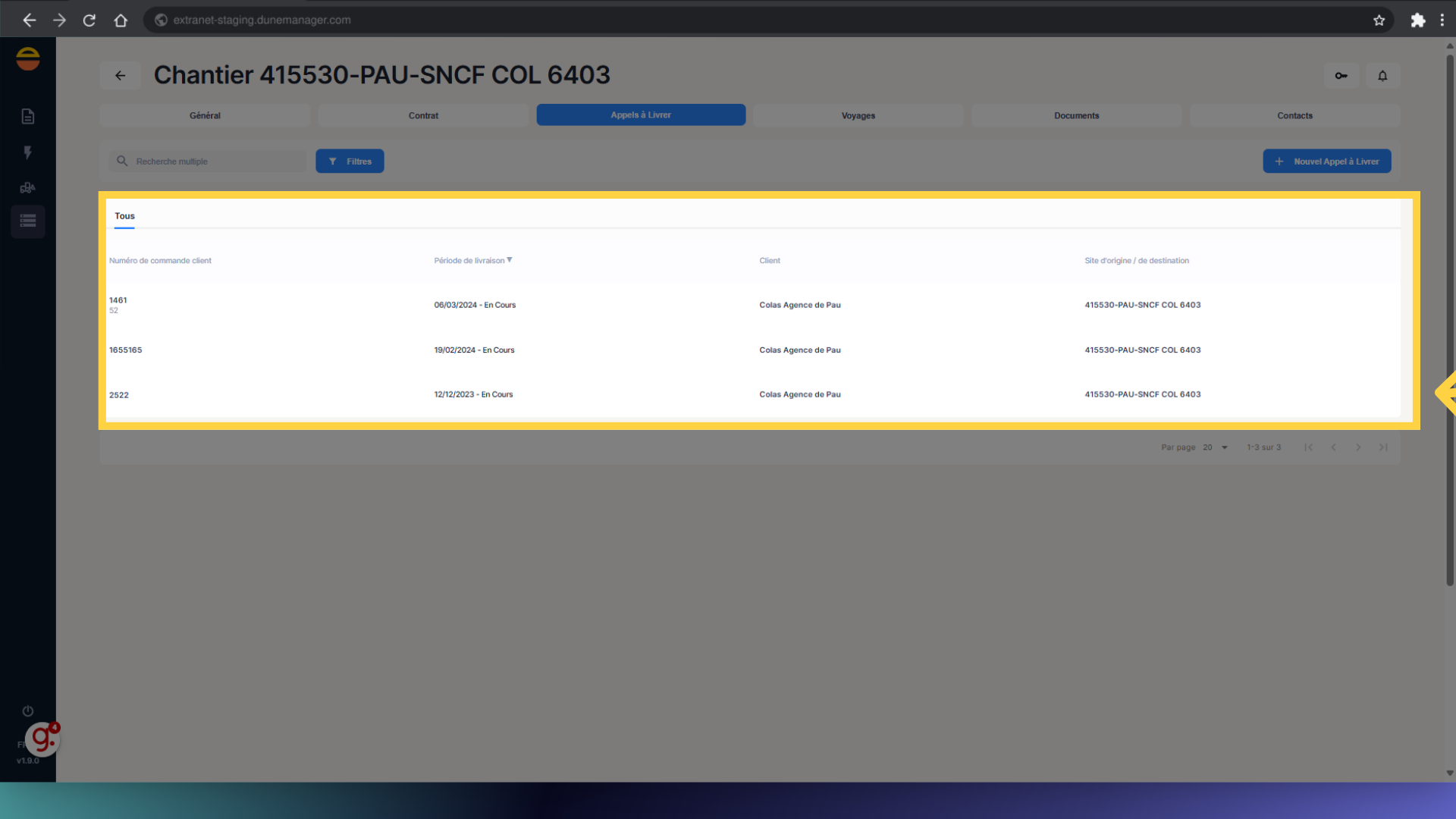 Visualisation des Appels à Livrer du chantier