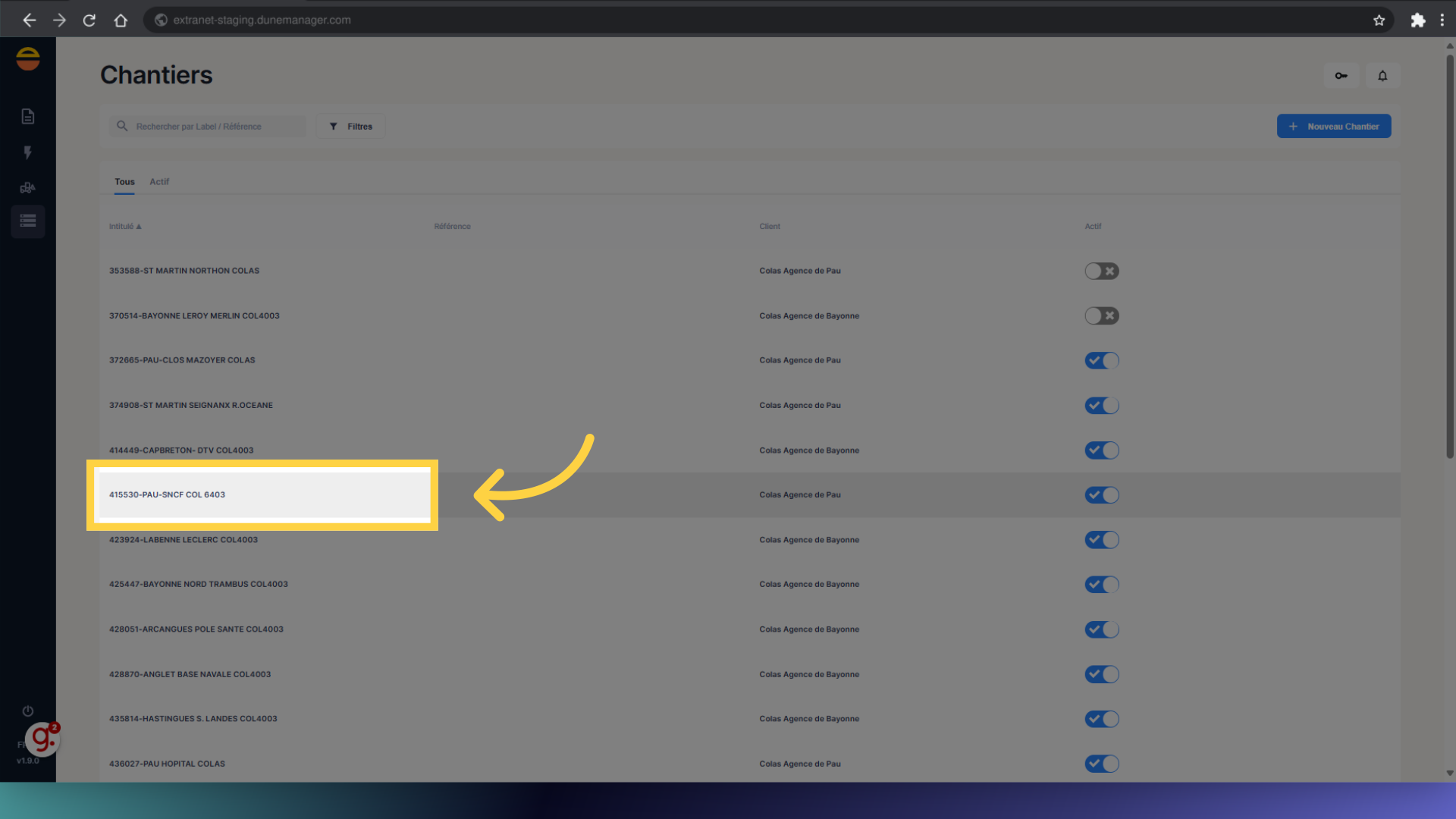 Sélectionnez le chantier souhaité