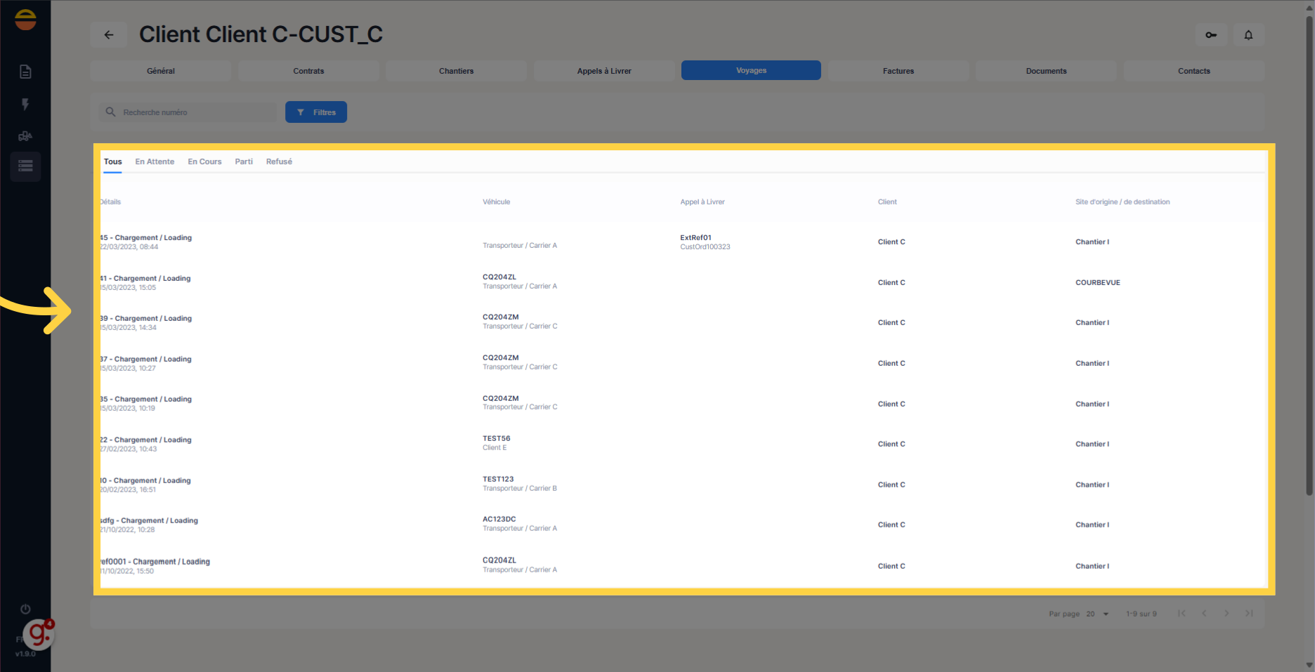 Visualisation de la liste des voyages du client