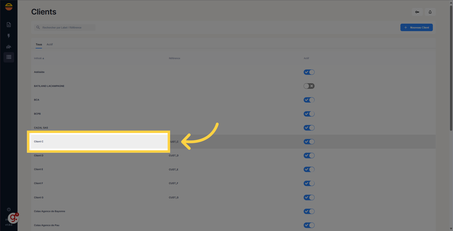 Sélectionnez la ligne du client souhaité
