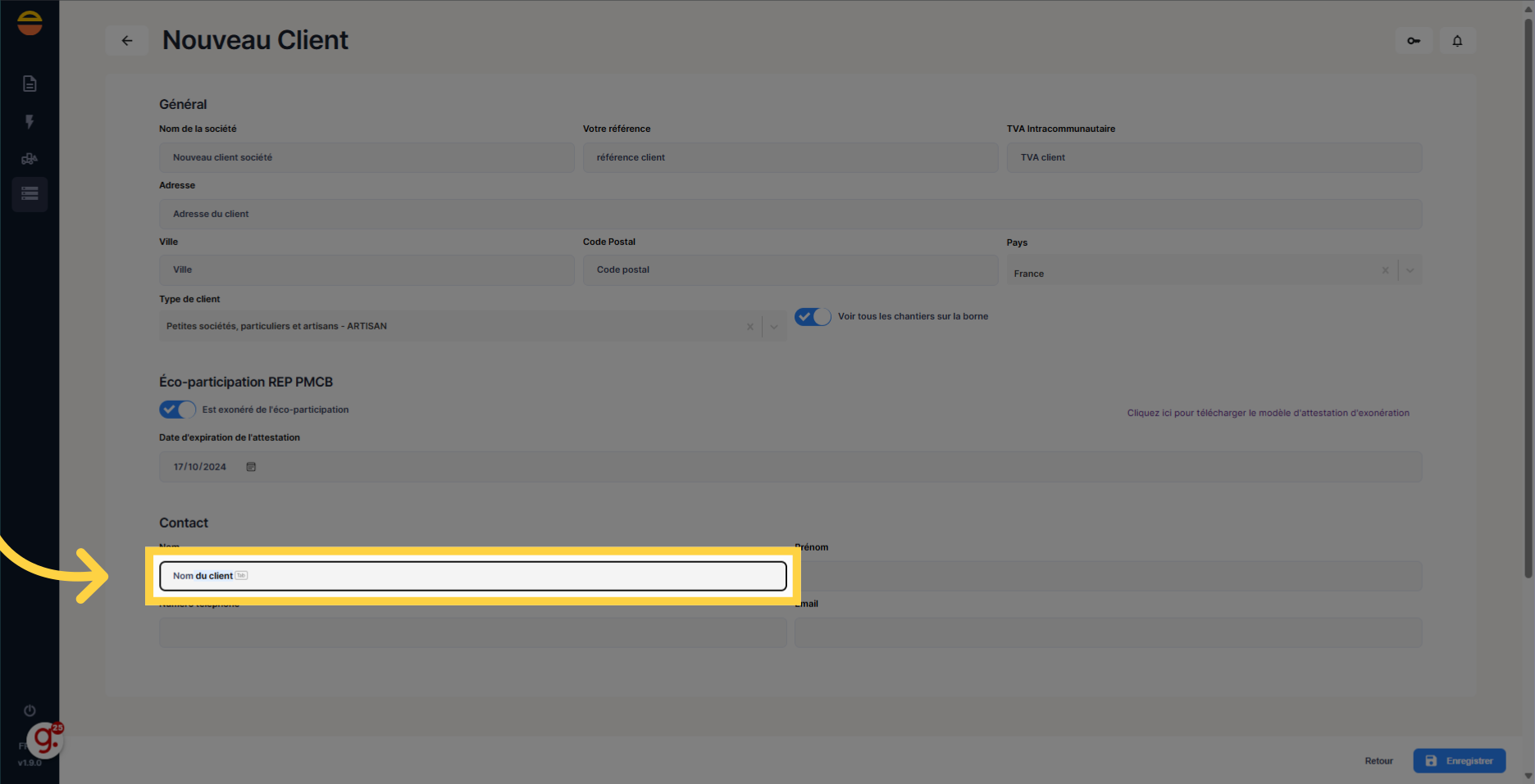 Remplir 'Nom' du contact du client