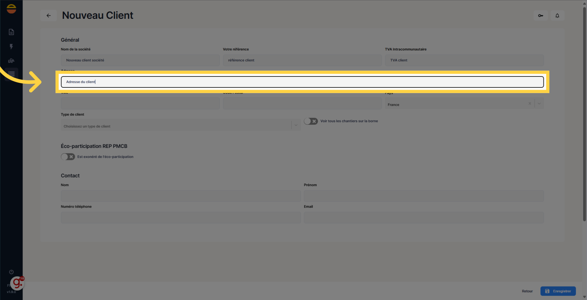 Si connue, remplir 'Adresse du client'