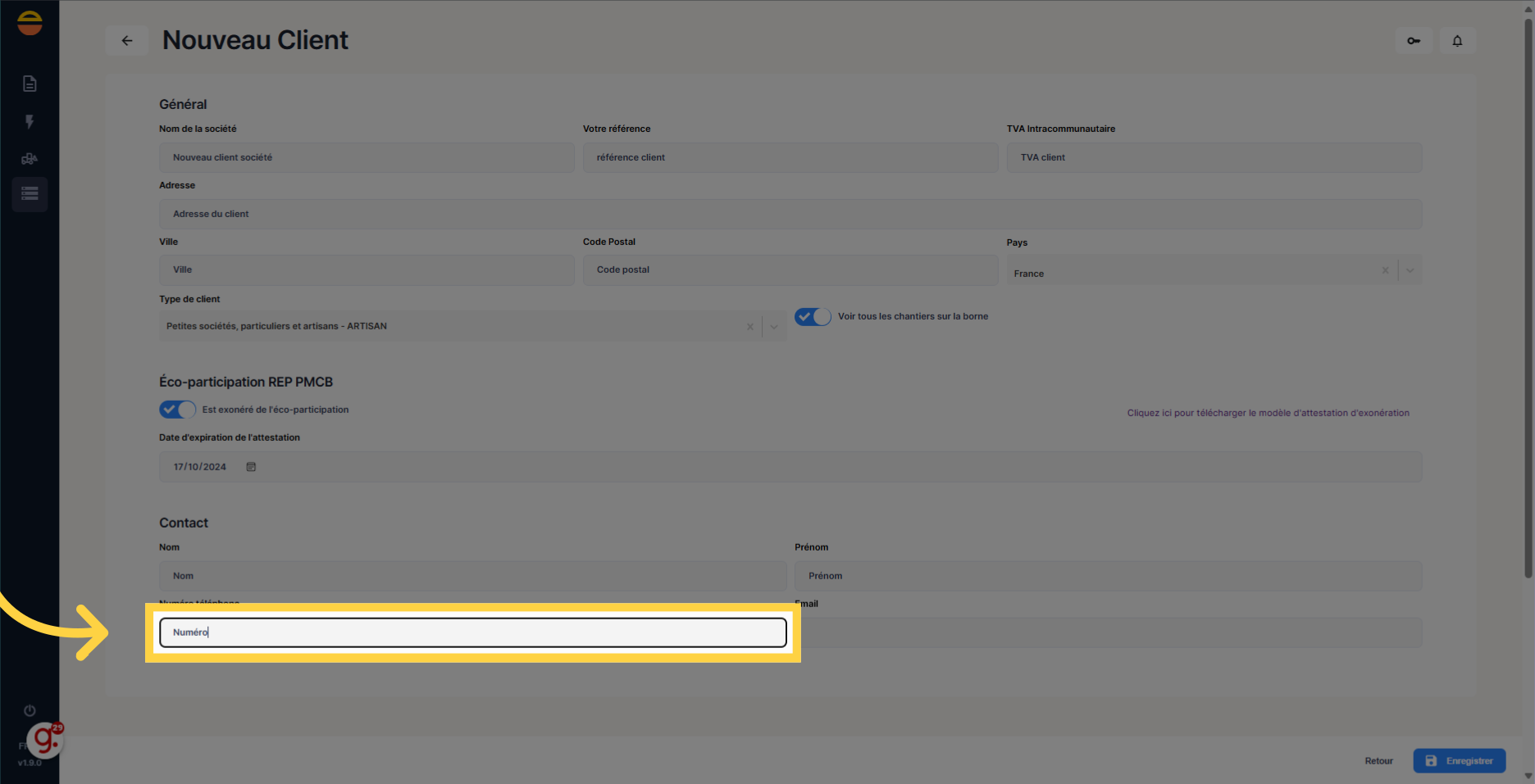 Remplir 'Numéro' du contact du client