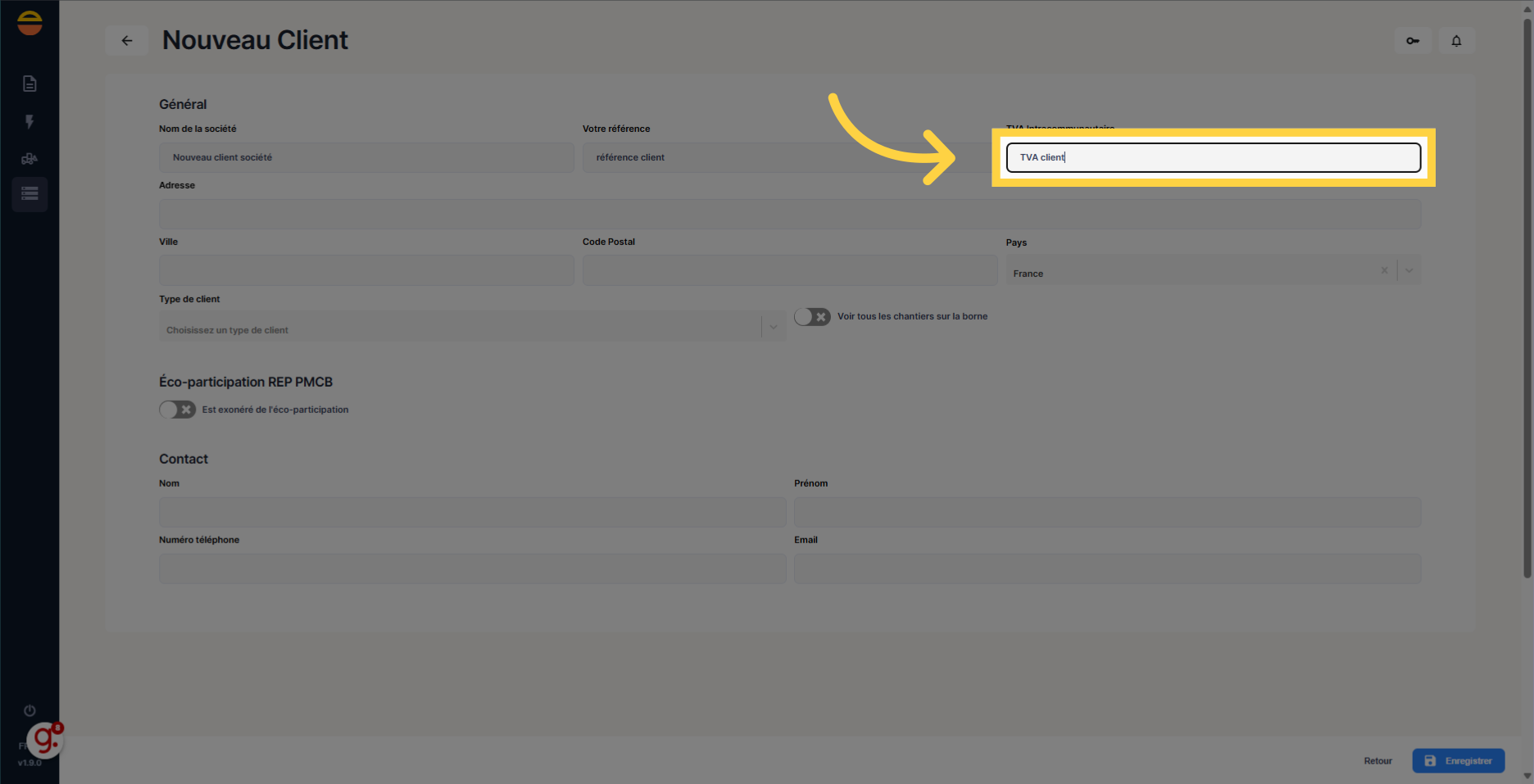 Si connue, remplir 'TVA client'