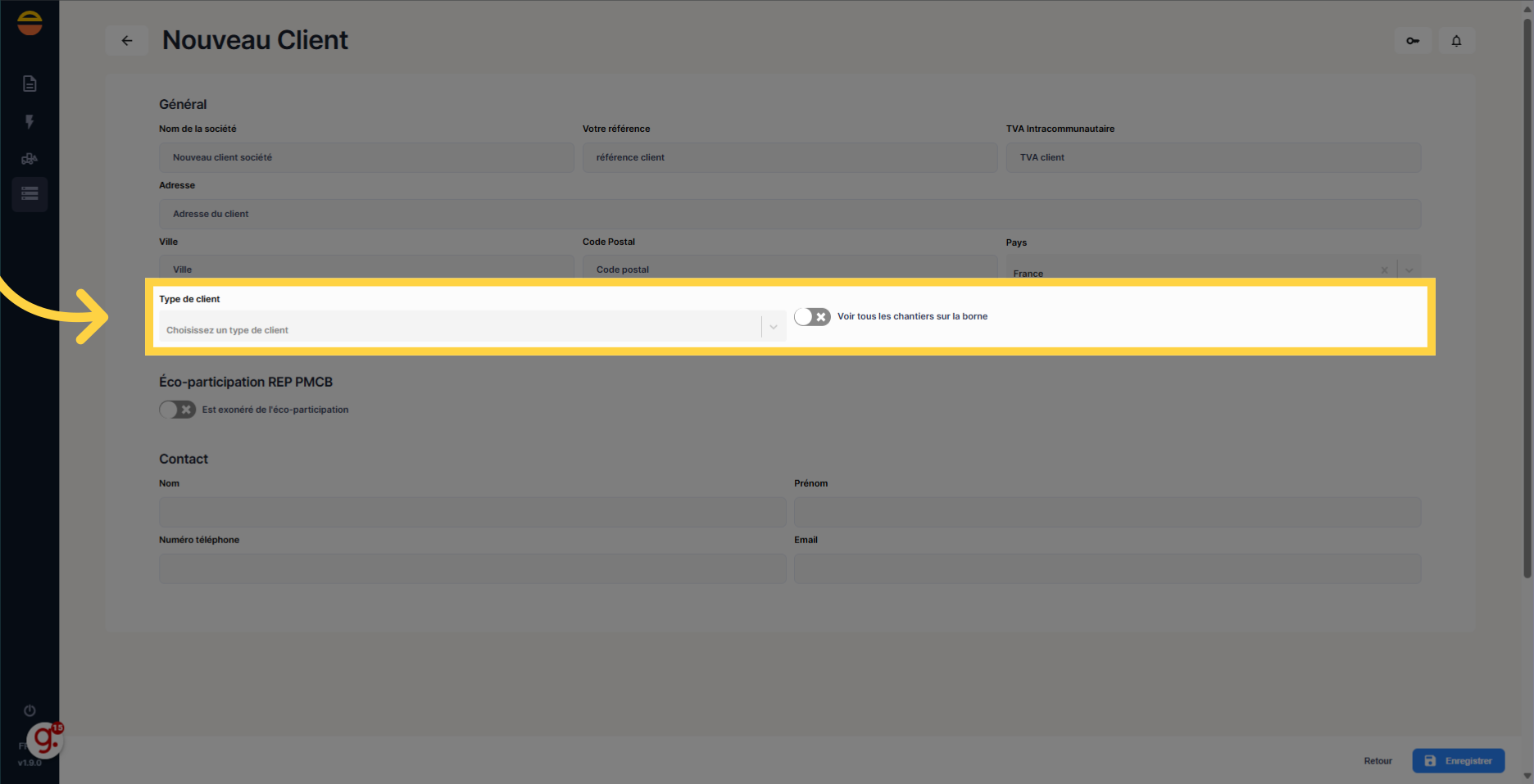 Sélectionnez le type de client dans la liste proposée.