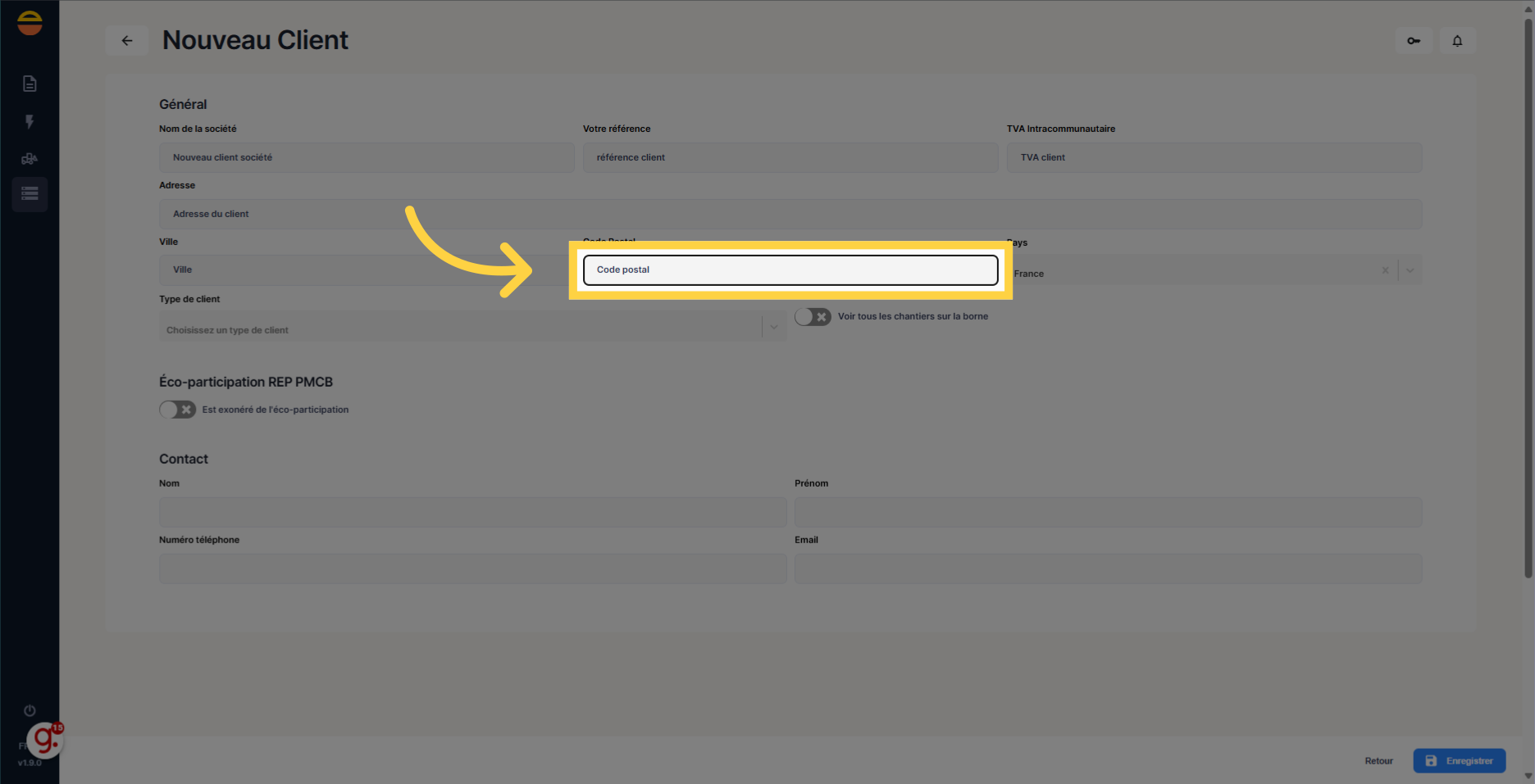 Remplir 'Code postal'