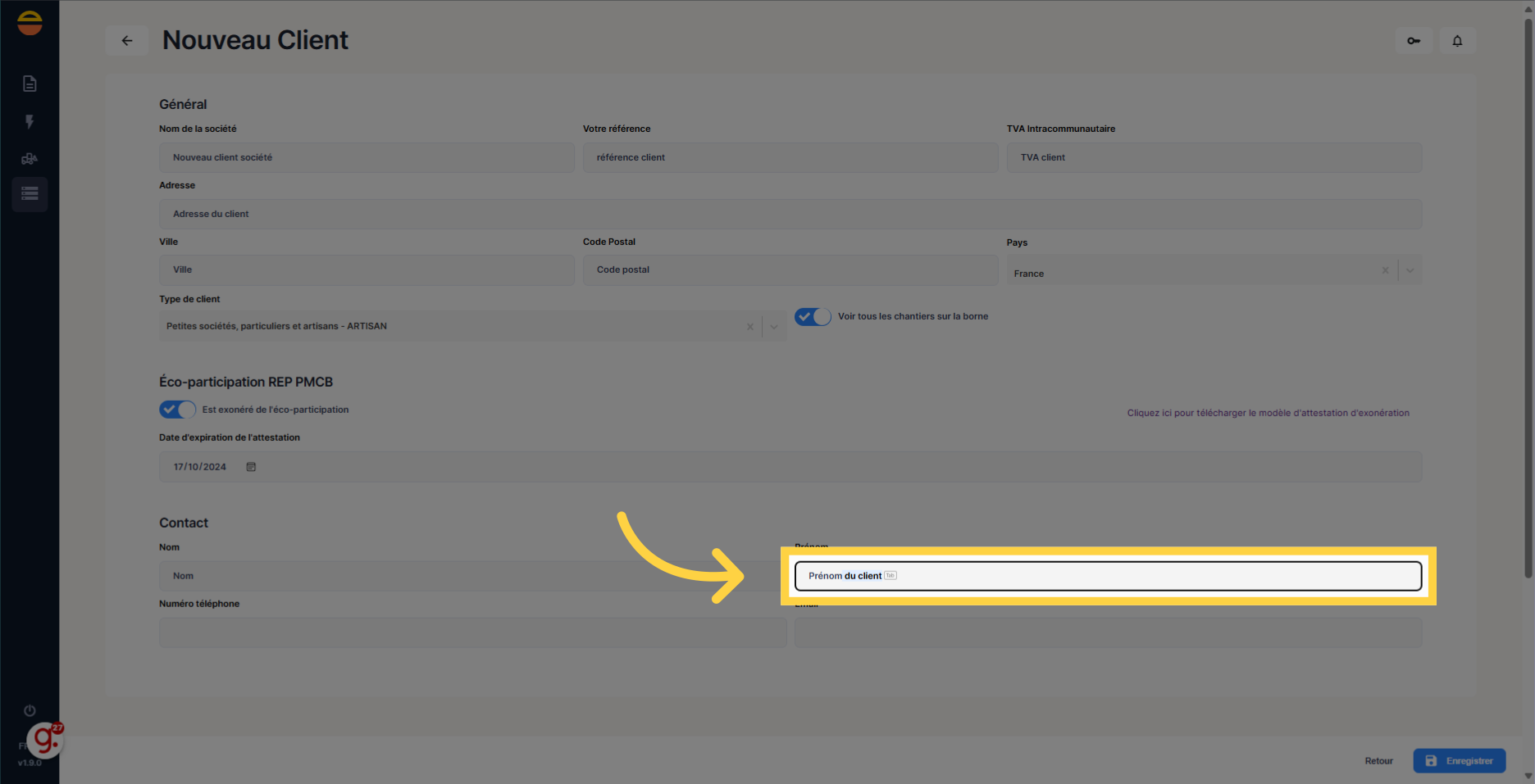 Remplir 'Prénom' du contact du client