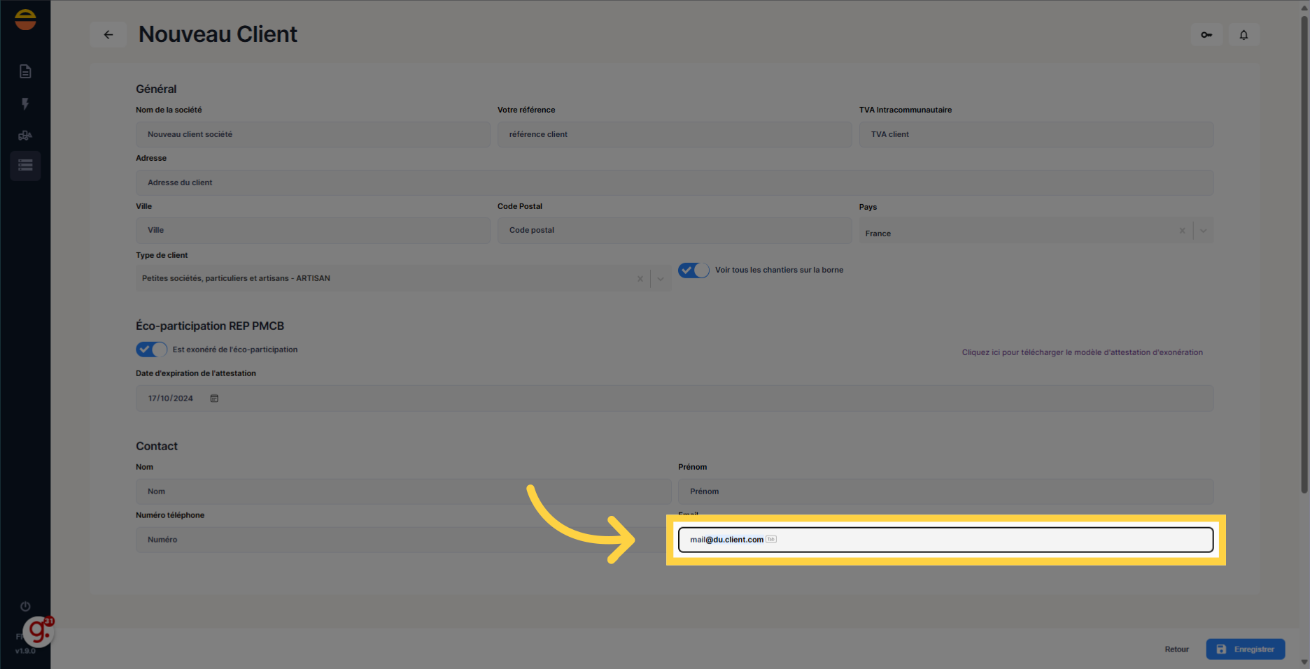 Remplir 'mail' du contact