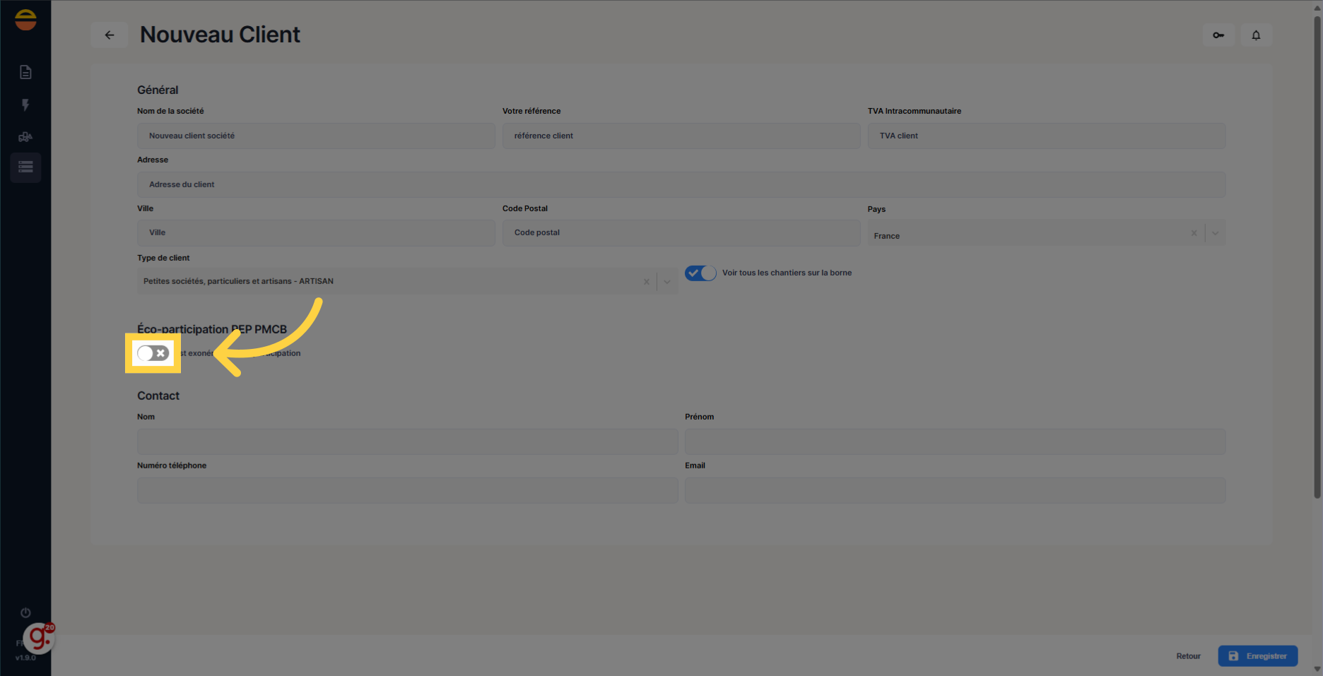 Si le client est exonéré de REP, sélectionner l'option
