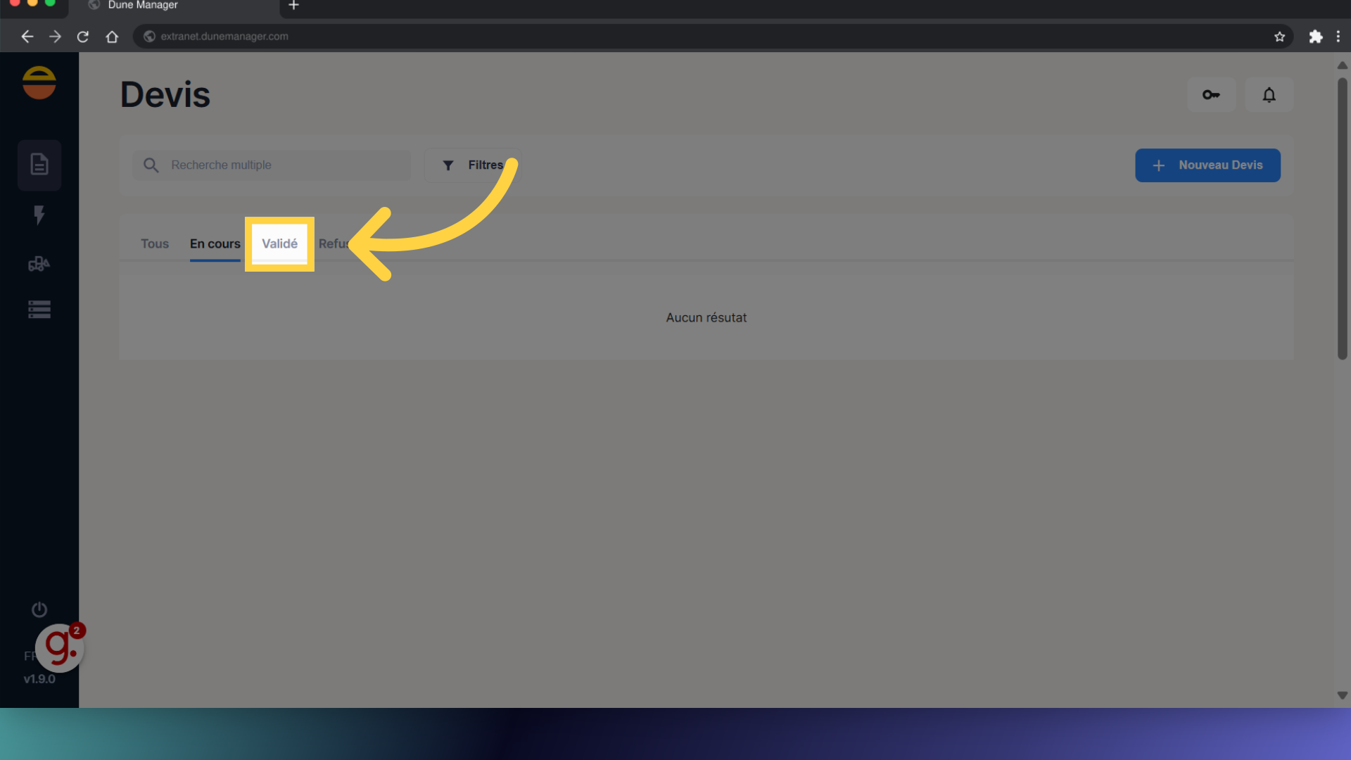 Sélectionnez les Devis en statut 'Validé'