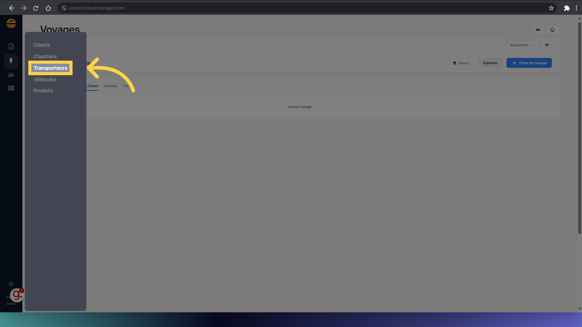 Cliquez 'Transporteurs'