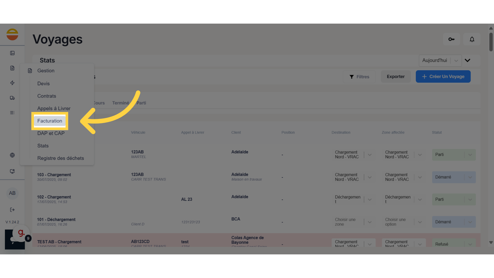 Cliquez sur 'Facturation'