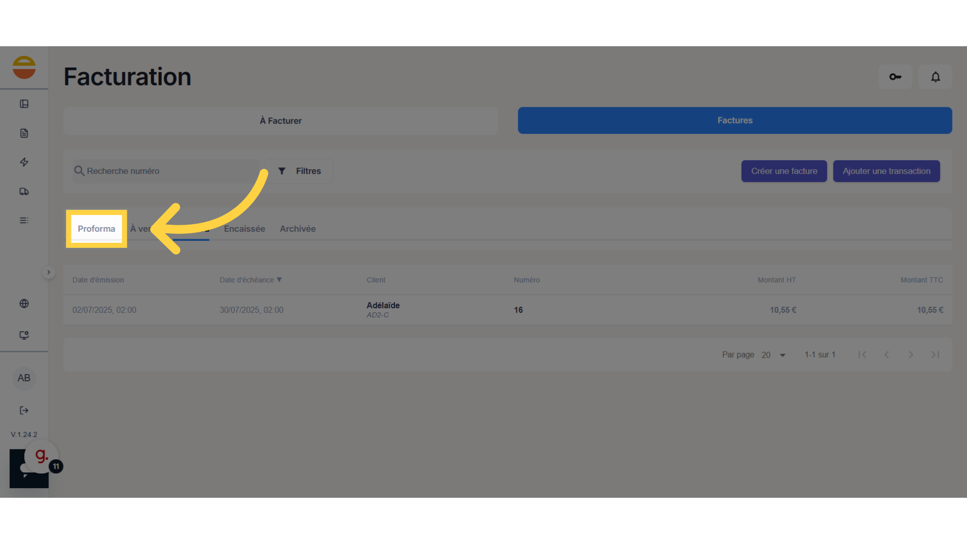 Cliquez sur 'Proforma'