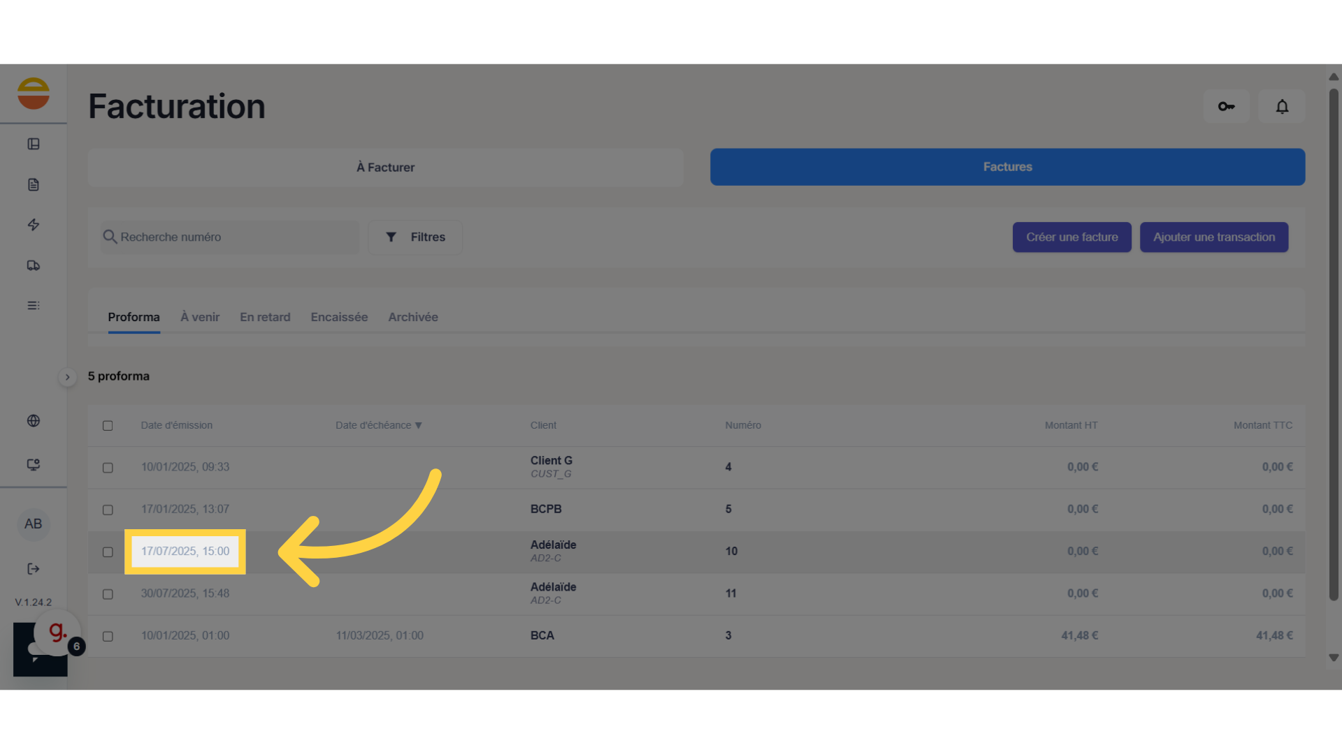 Se rendre dans le détail d'une proforma