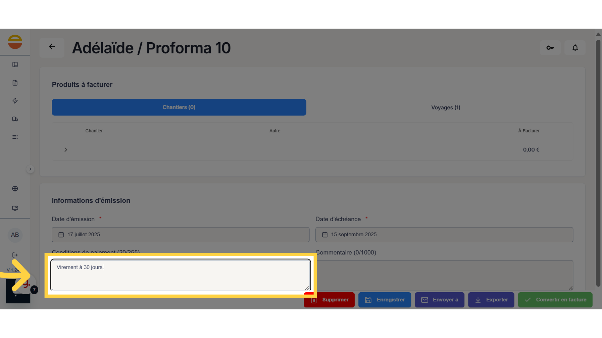 Cliquez sur 'Conditions de paiement'