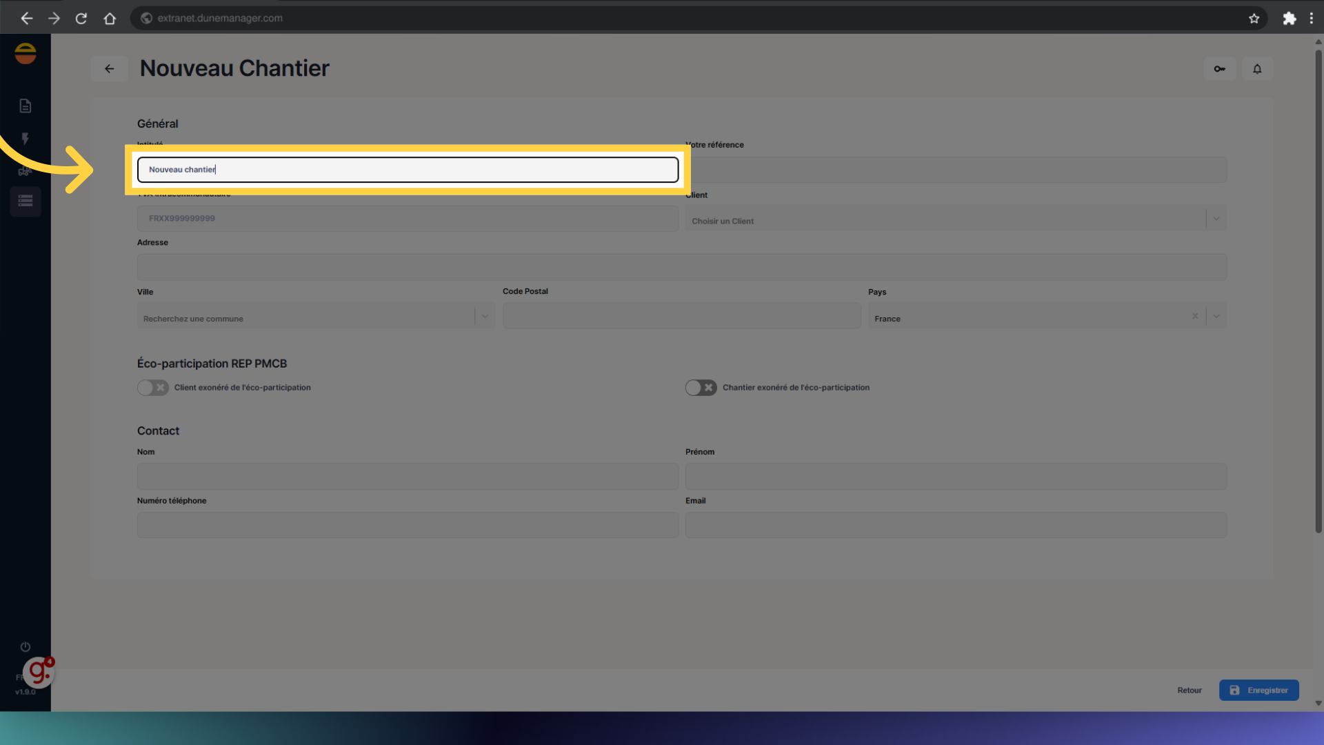 Remplir le nom du Chantier