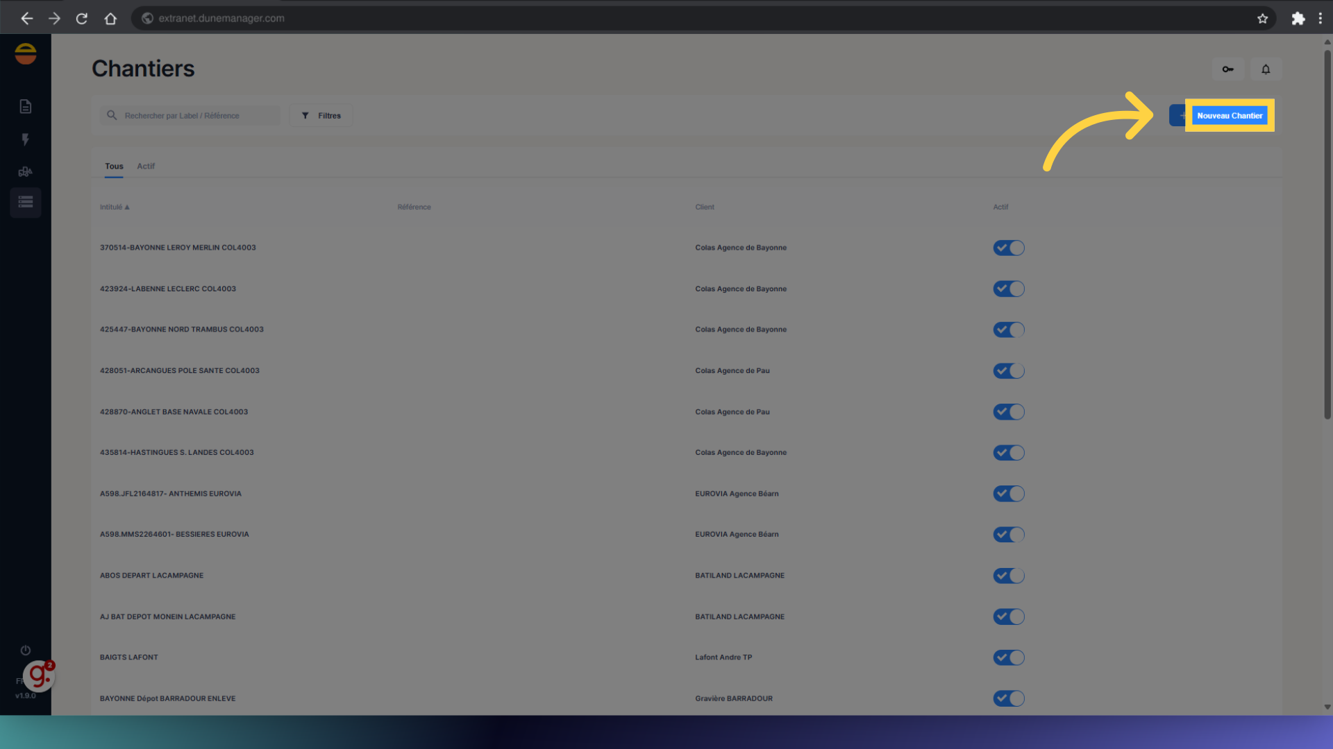 Cliquez 'Nouveau Chantier'