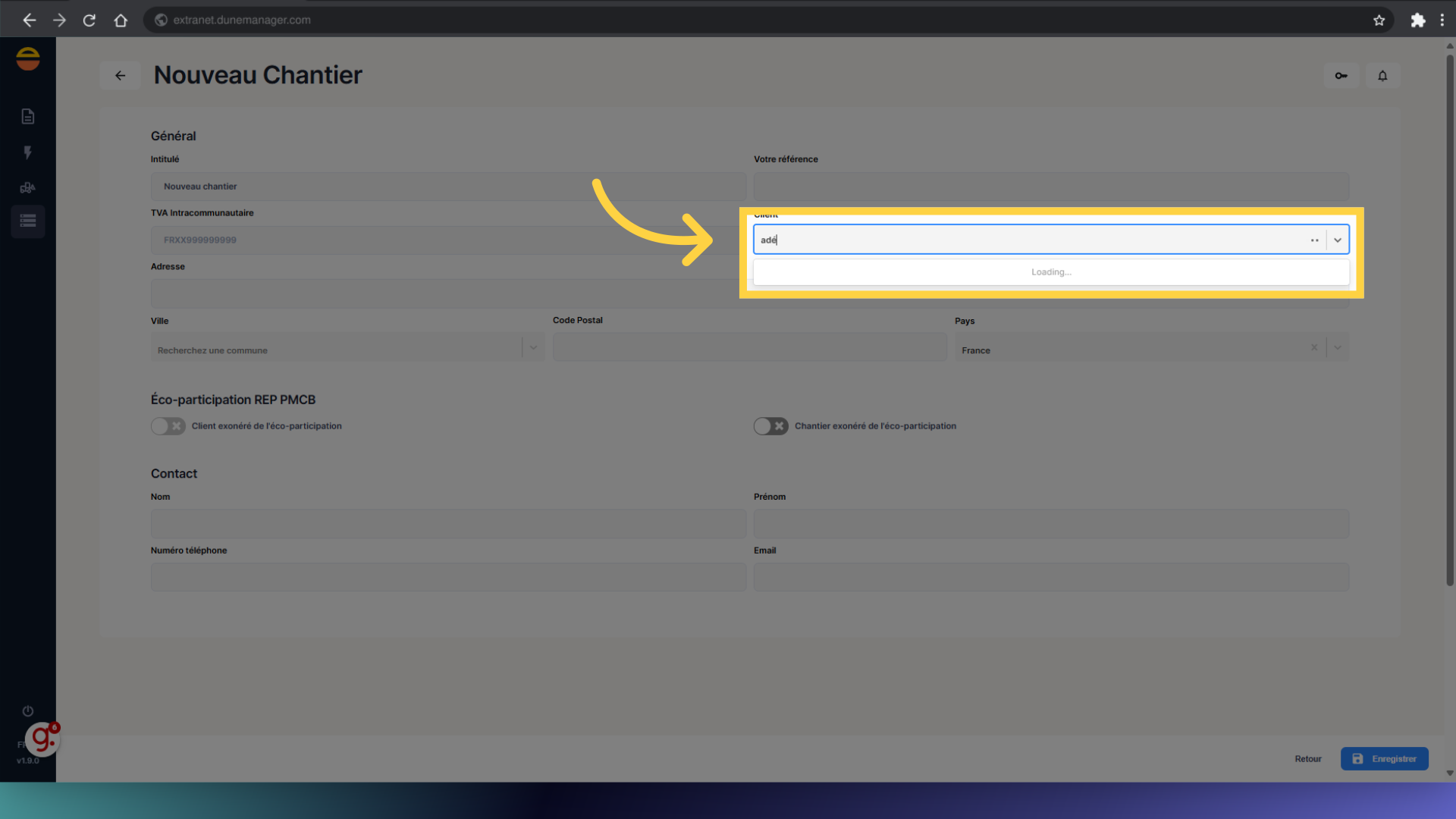 Rechercher ou créer le Client associé au Chantier